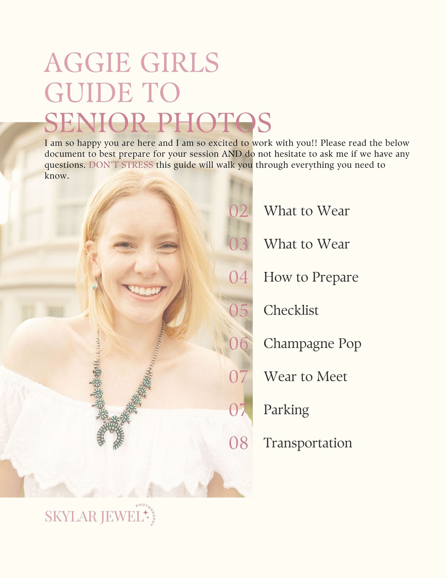 Pink and white styled guide layout with text and menu items.