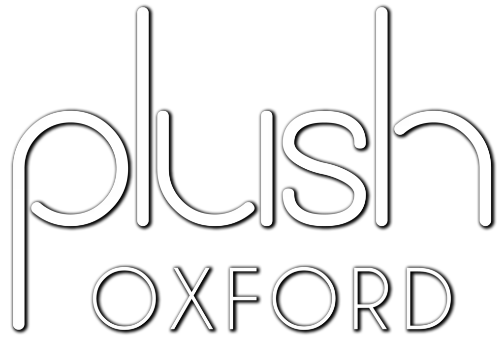 Plush Oxford logo featuring elegant outlined typography with double-stroke lettering in black and white.