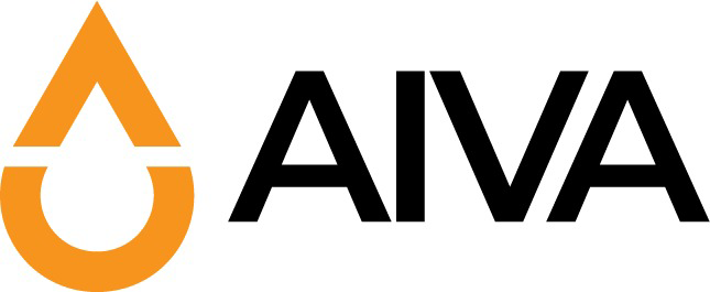 AIVA logo featuring an orange oil drop icon with a circular base beside bold black uppercase lettering spelling AIVA.