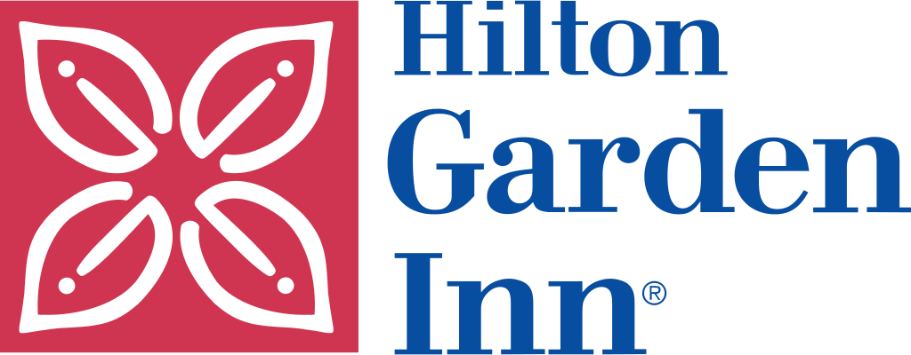 Hilton Garden Inn logo featuring a red floral emblem and bold blue text on a white background.