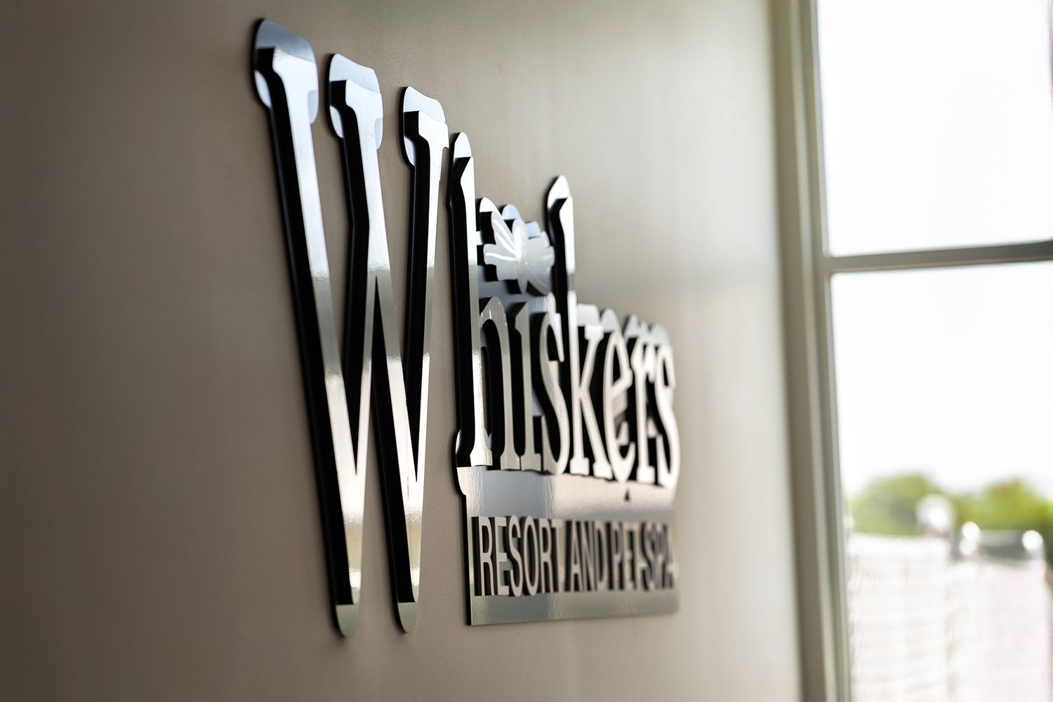 Whiskers Resort and Pet Spa polished silver 3D logo sign mounted on a modern gray wall.