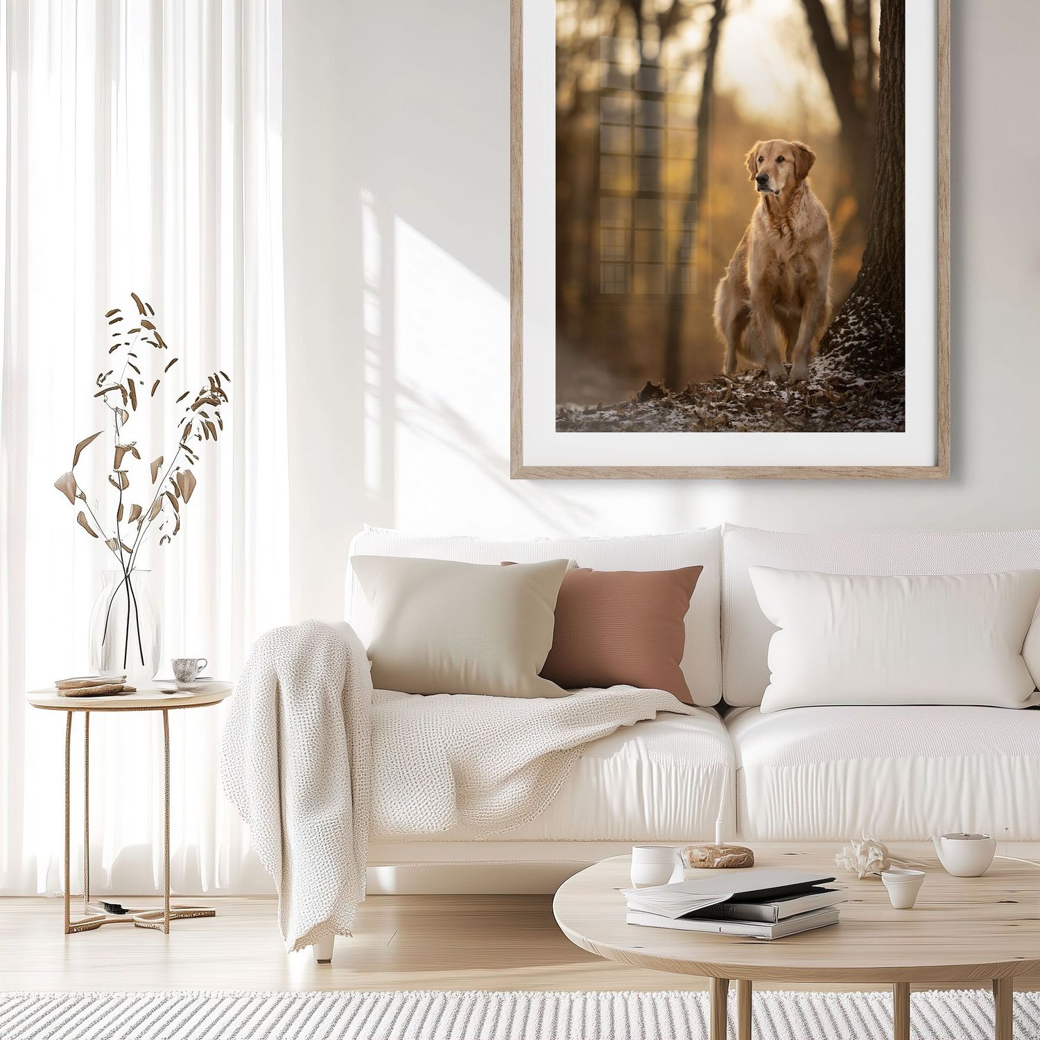 Modern living room interior with framed dog portraits on white walls and neutral beige and cream color scheme.