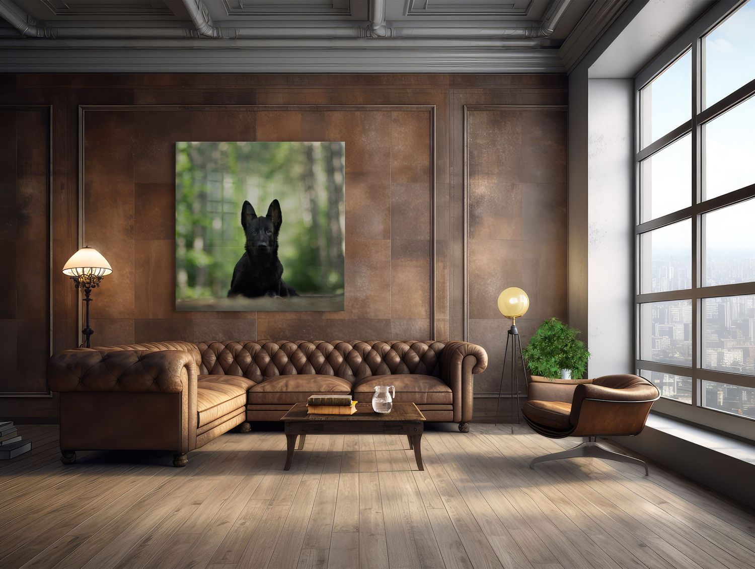 Elegant living room with leather Chesterfield sofa and German Shepherd wall art.