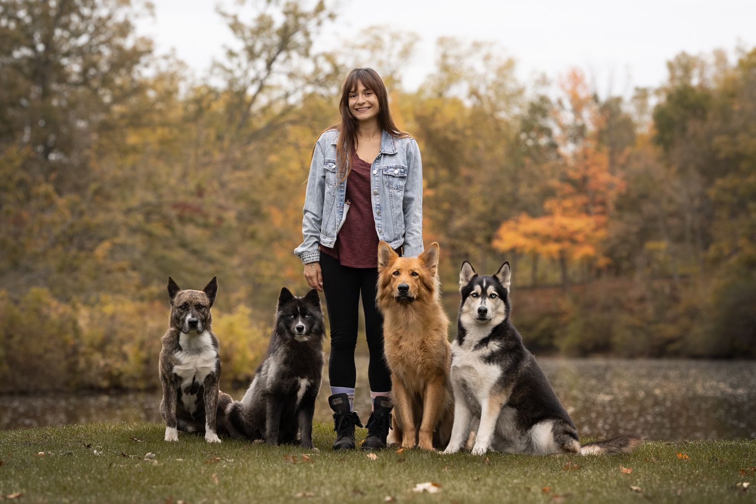 A group of dogs and their owner pose together in a scenic autumn setting with colorful fall foliage in the background.
