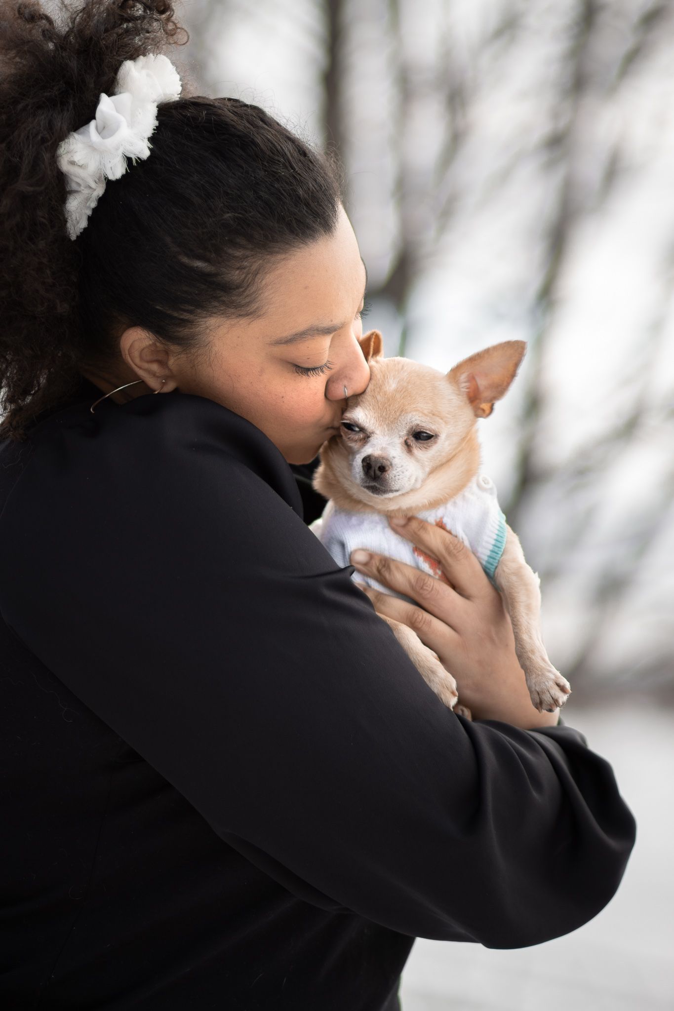 A tender moment captured between a person in black clothing and a small Chihuahua dog against a winter background.