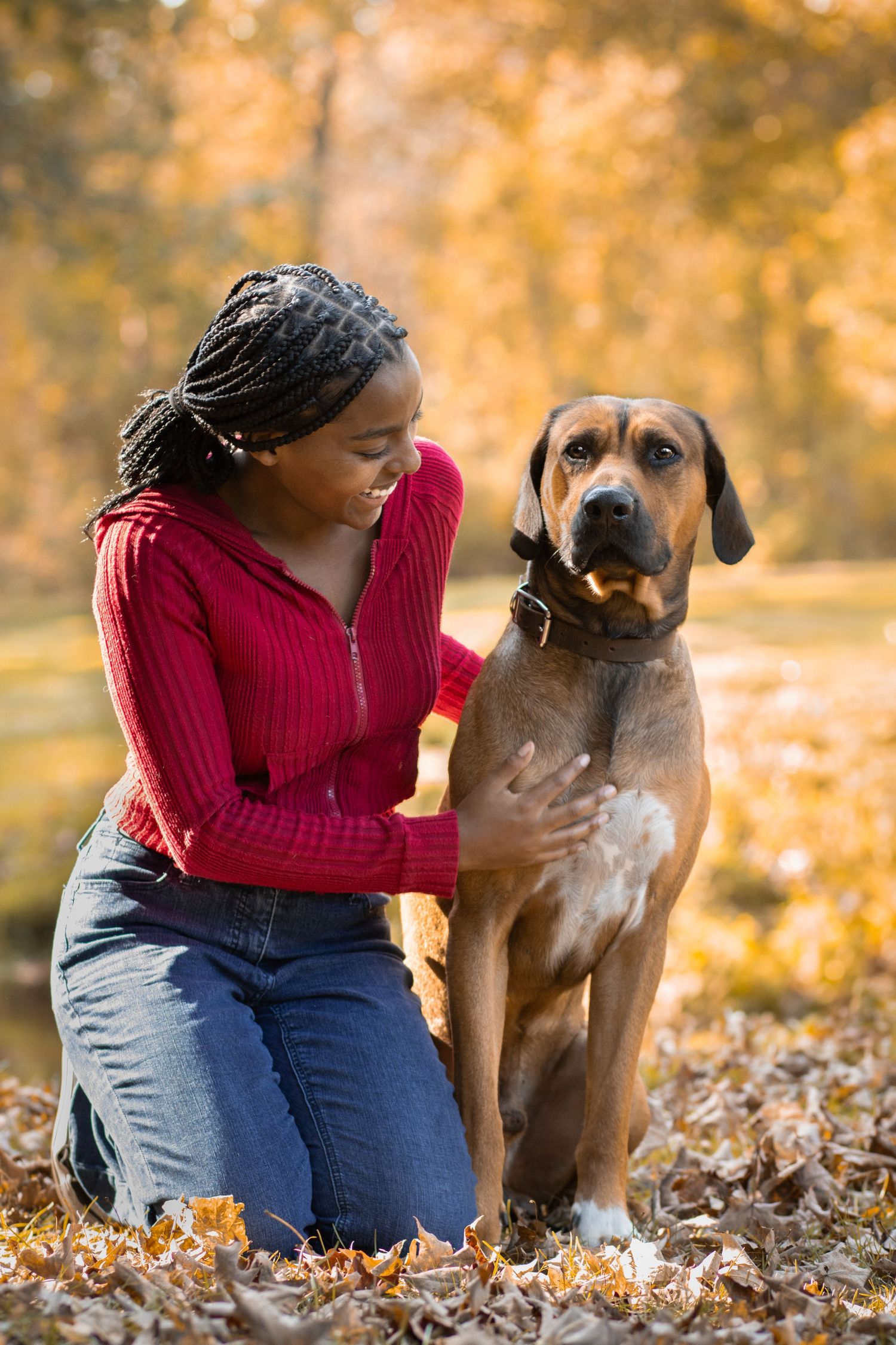 Autumn outdoor portrait showing warm interaction between person and Rhodesian Ridgeback dog.