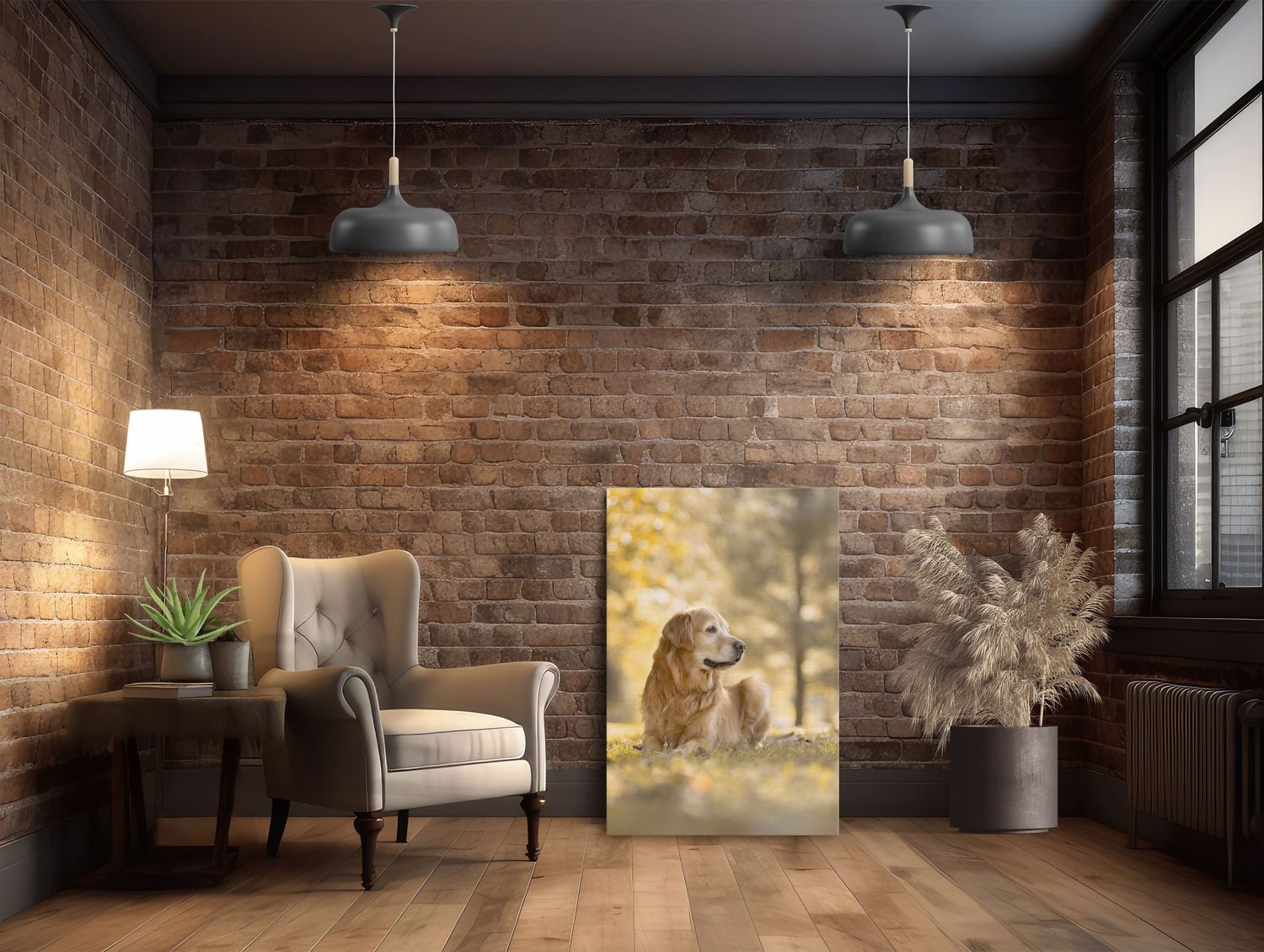 Cozy living room interior with brick walls, vintage armchair and warm lighting featuring dog artwork.