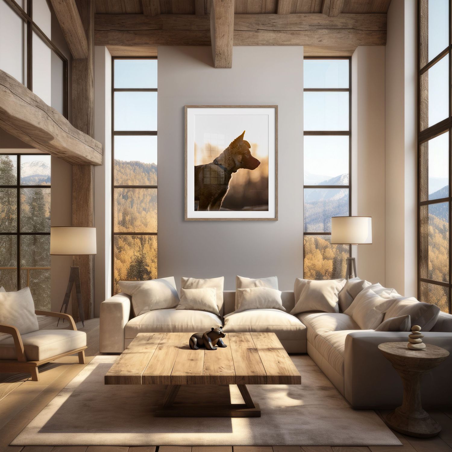 Modern rustic living room with exposed wooden beams, large windows, and a horse photograph displayed above a beige sectional sofa.