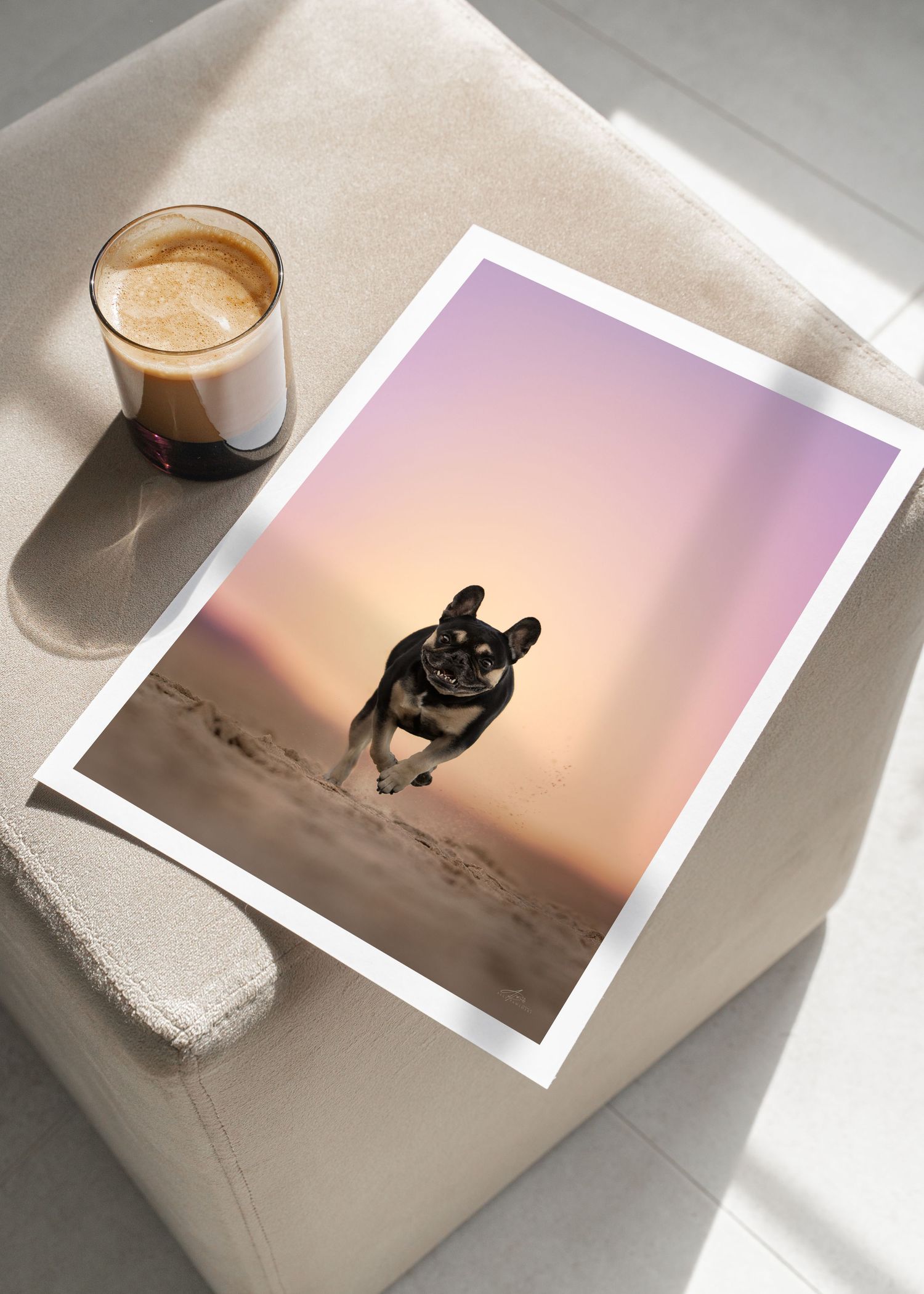 Coffee cup and photograph prints arranged on white surface with dramatic natural lighting and shadows.