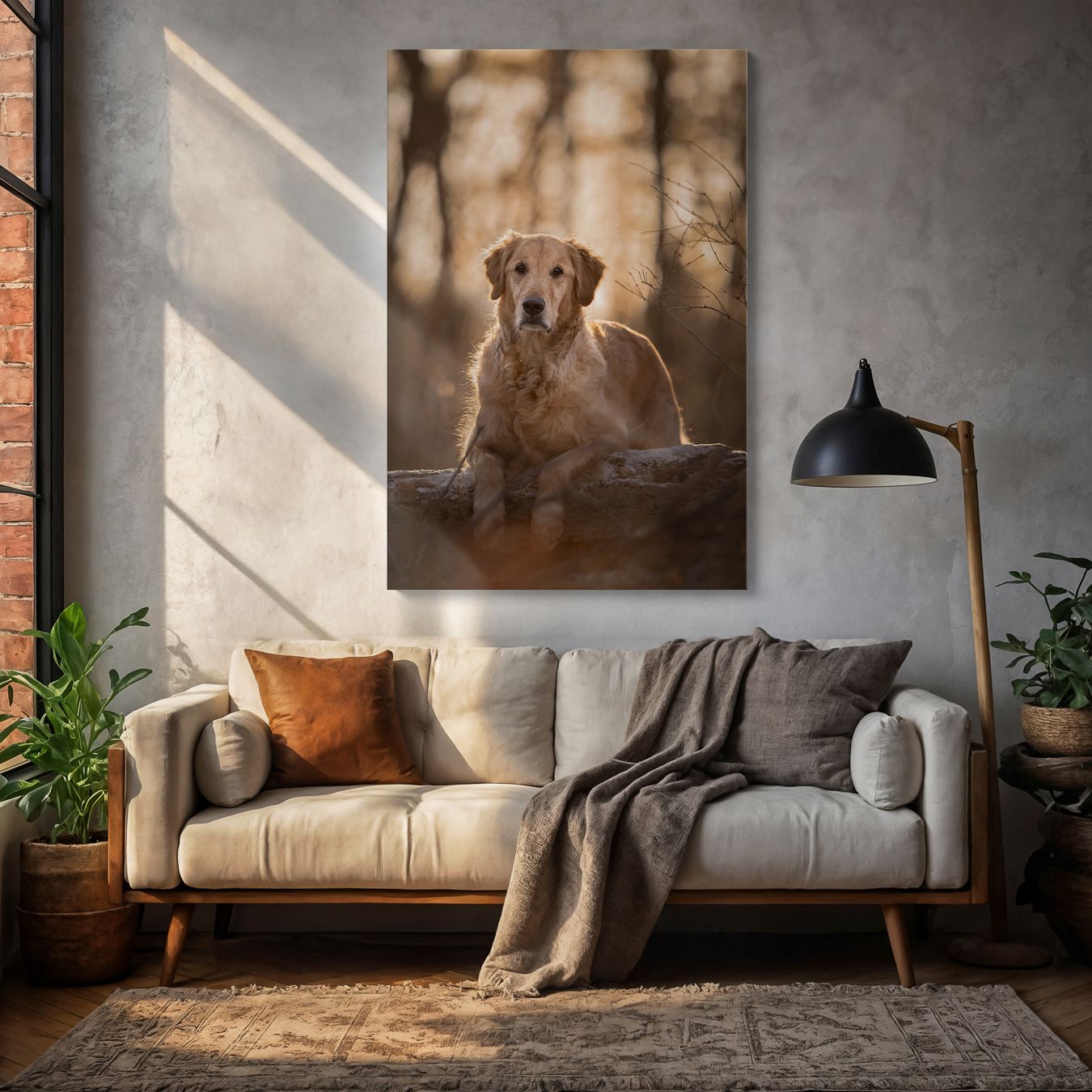 Well-lit interior design photo of a brown-toned living room with sofa, dog portrait art, and sunlight streaming through window.
