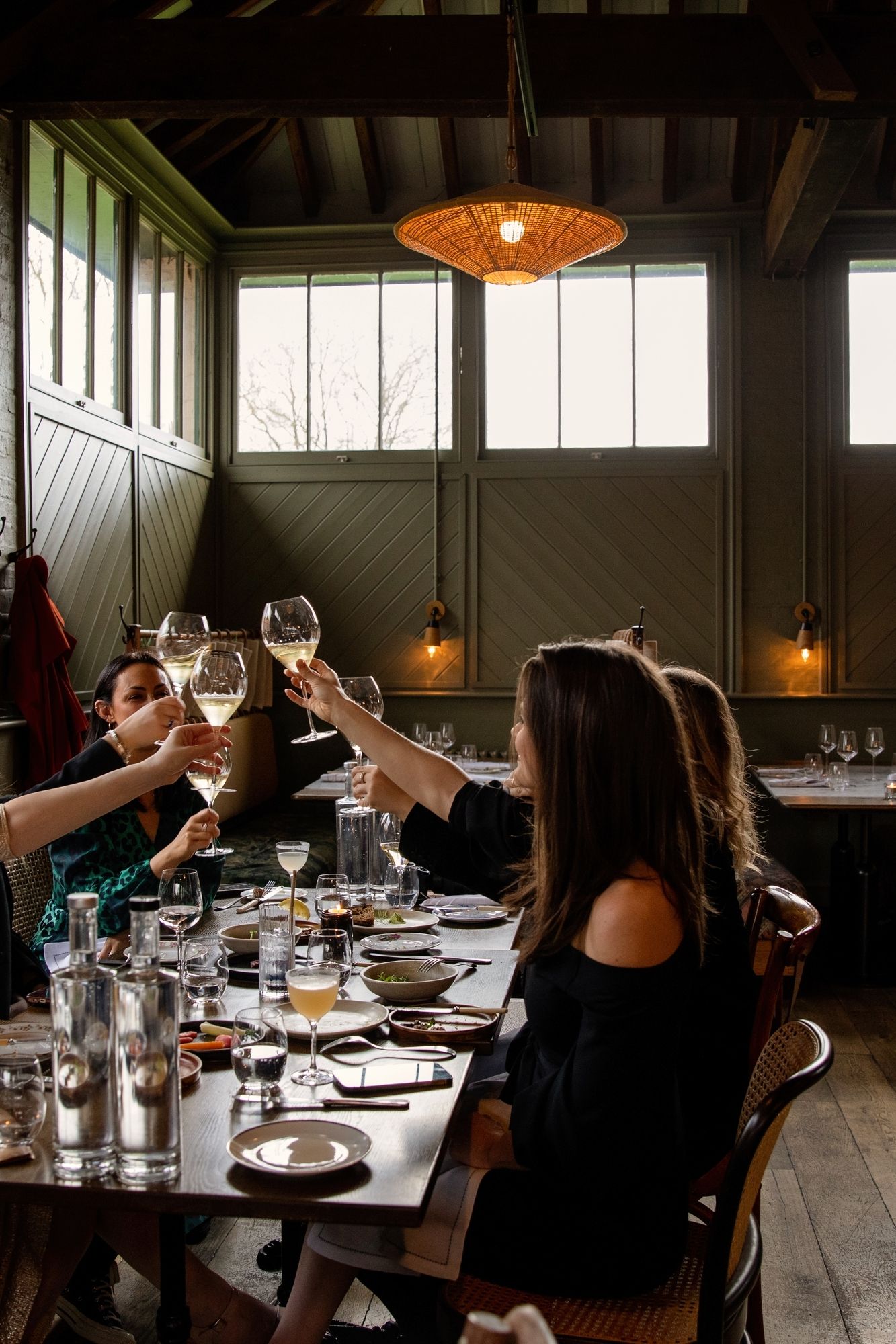 Diners raising wine glasses for a toast in rustic restaurant setting.