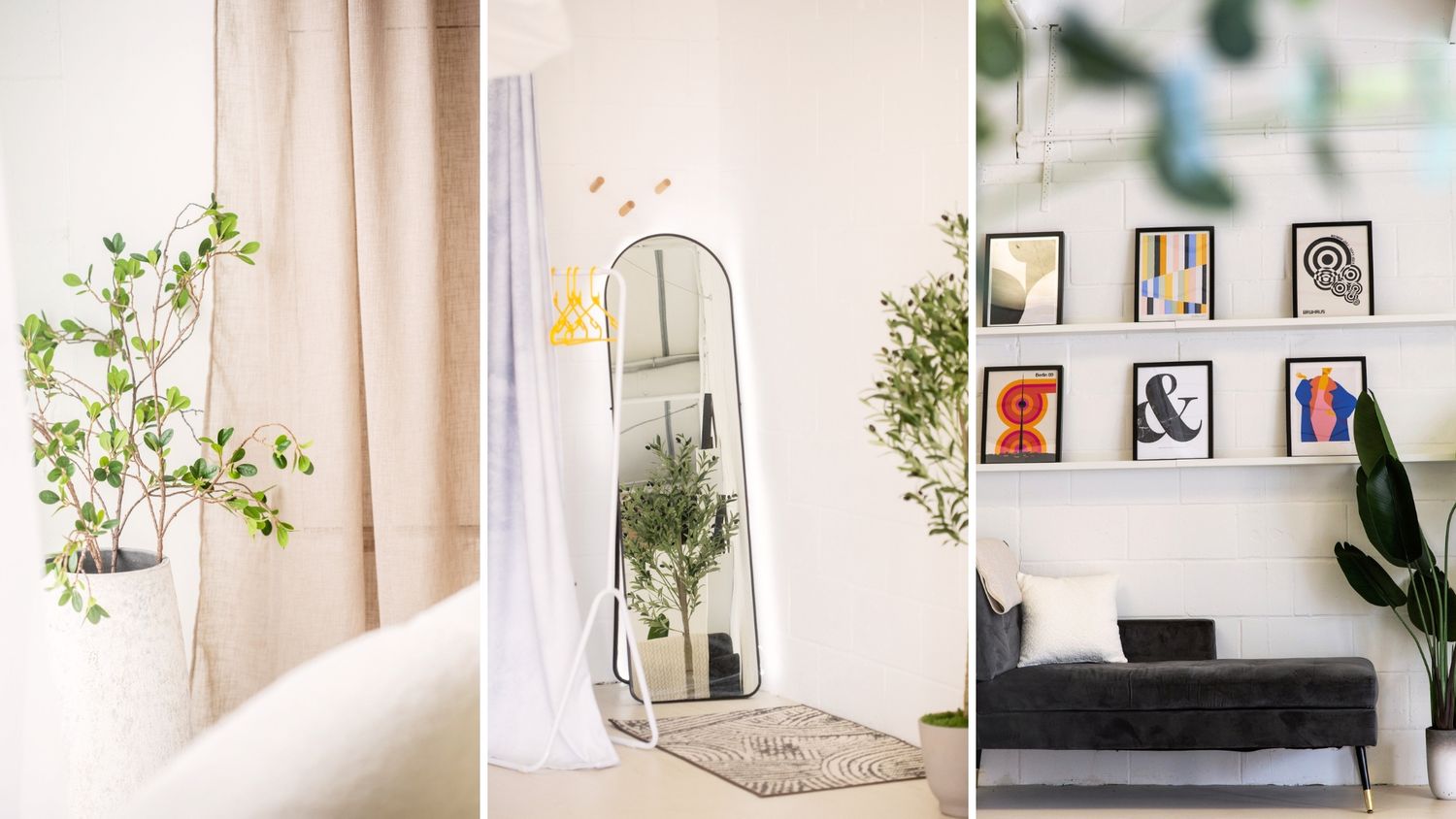 Series of bright interior shots showing minimalist white walls and decor in natural light.