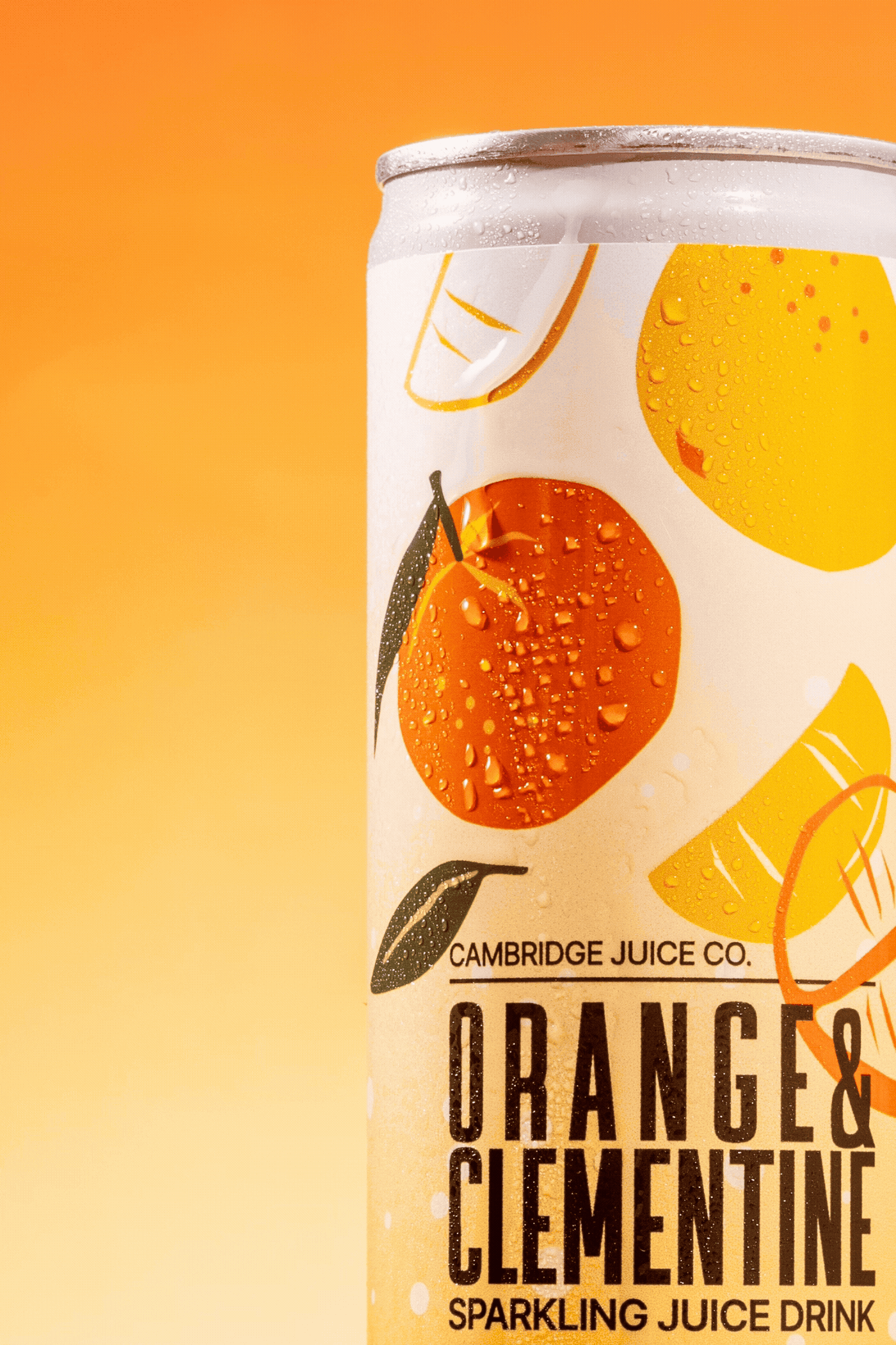 Close-up product shots of Cambridge Juice Co sparkling juice drinks in orange and clementine flavors with minimalist design.