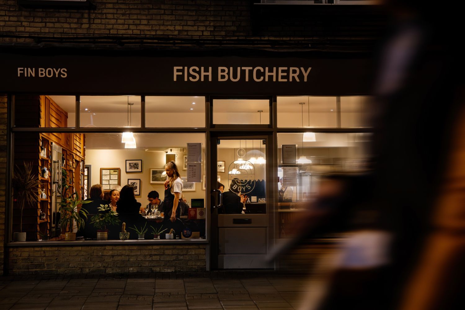 A dark storefront window displaying illuminated signage for 'FIN BOYS' and 'FISH BUTCHERY' at night.