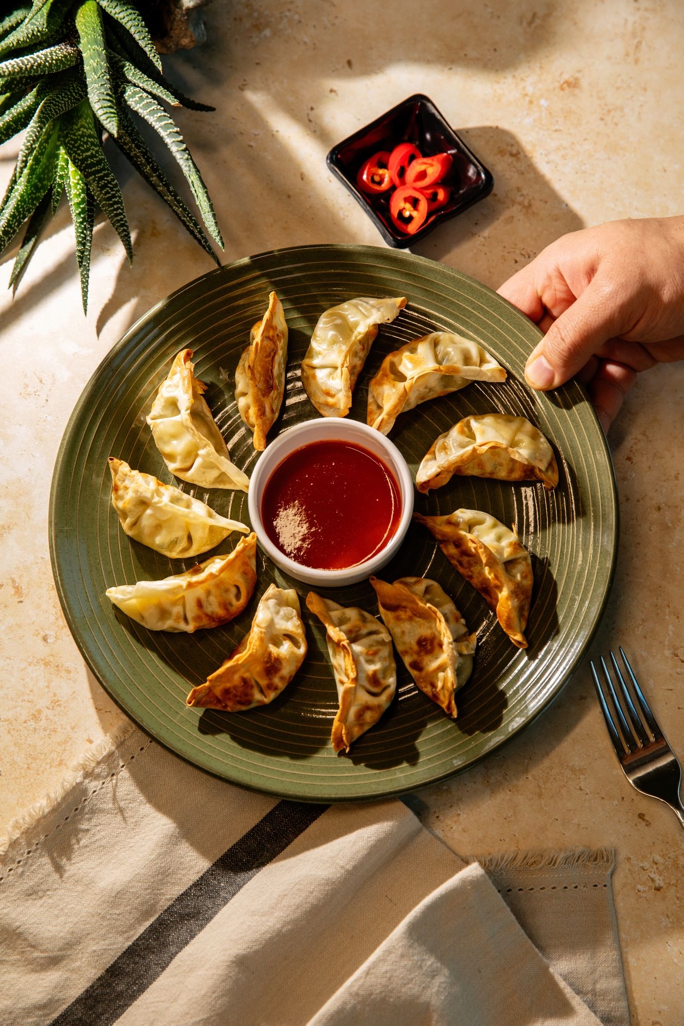 Pan-fried dumplings arranged in circle with red dipping sauce and chili garnish.
