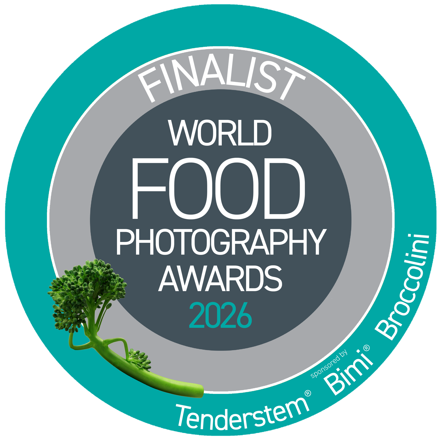 Finalist badge for the World Food Photography Awards 2026, sponsored by Tenderstem, Bimi, and Broccolini.