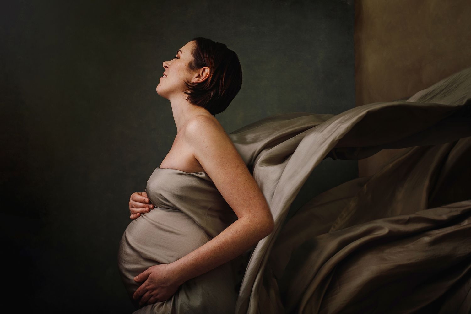 Artistic and emotive portrait of pregnant lady showing soft shadows and warm tones against a neutral background.