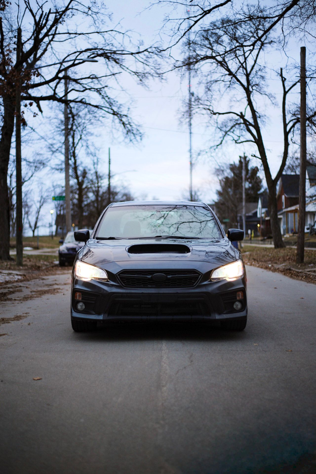 Front view of a dark Subaru WRX with headlights on parked on a tree-lined residential street.