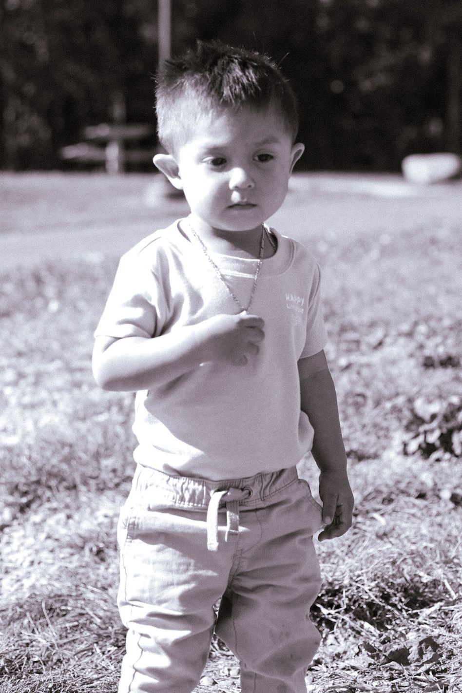 A toddler boy in a white t-shirt and khaki pants stands on grass in a black and white outdoor photo.