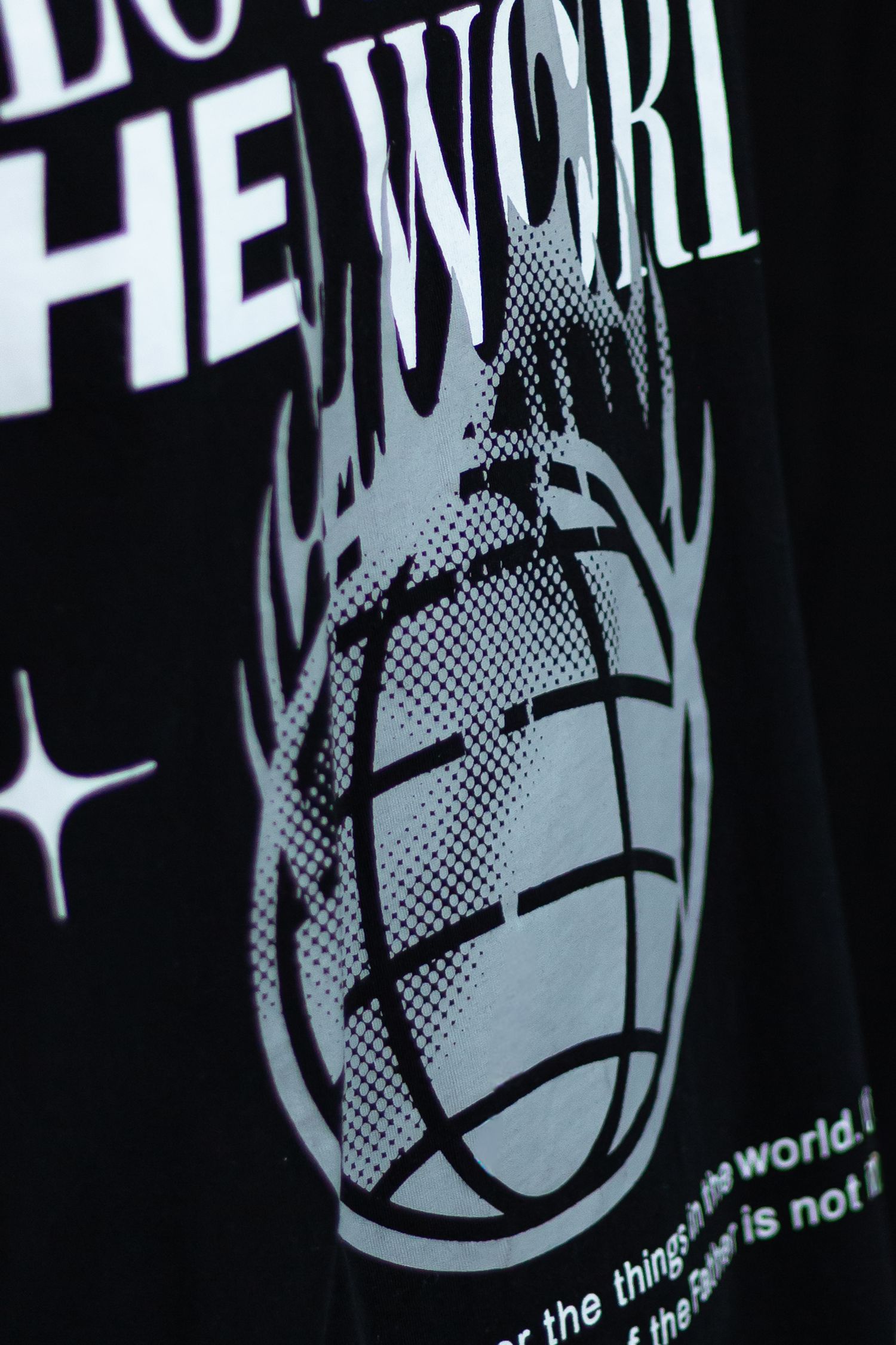 Close-up of black graphic tee featuring flaming globe design with Love Not The World text.
