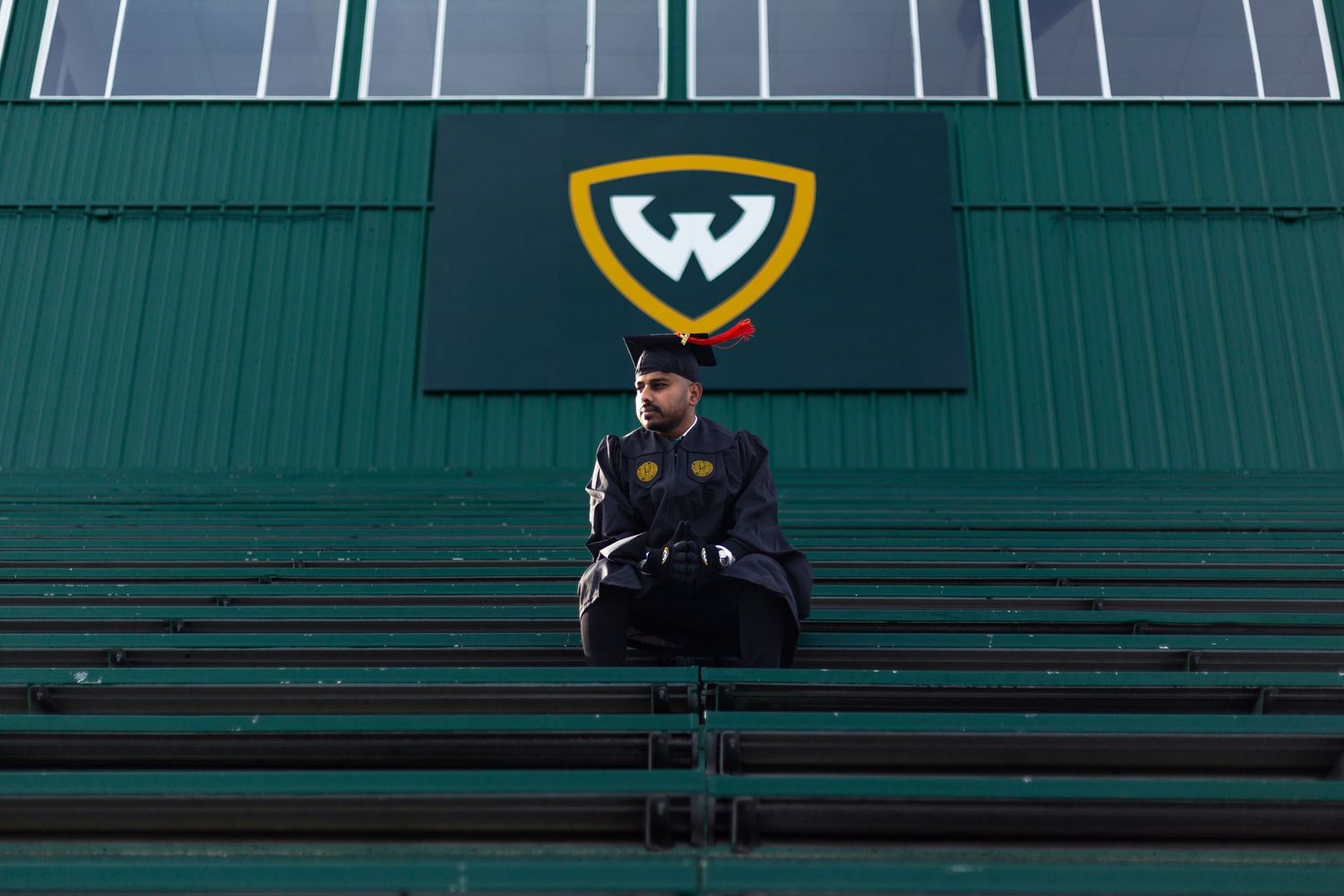 Wayne State University graduate sits in green stadium bleachers beneath the iconic WSU shield logo.