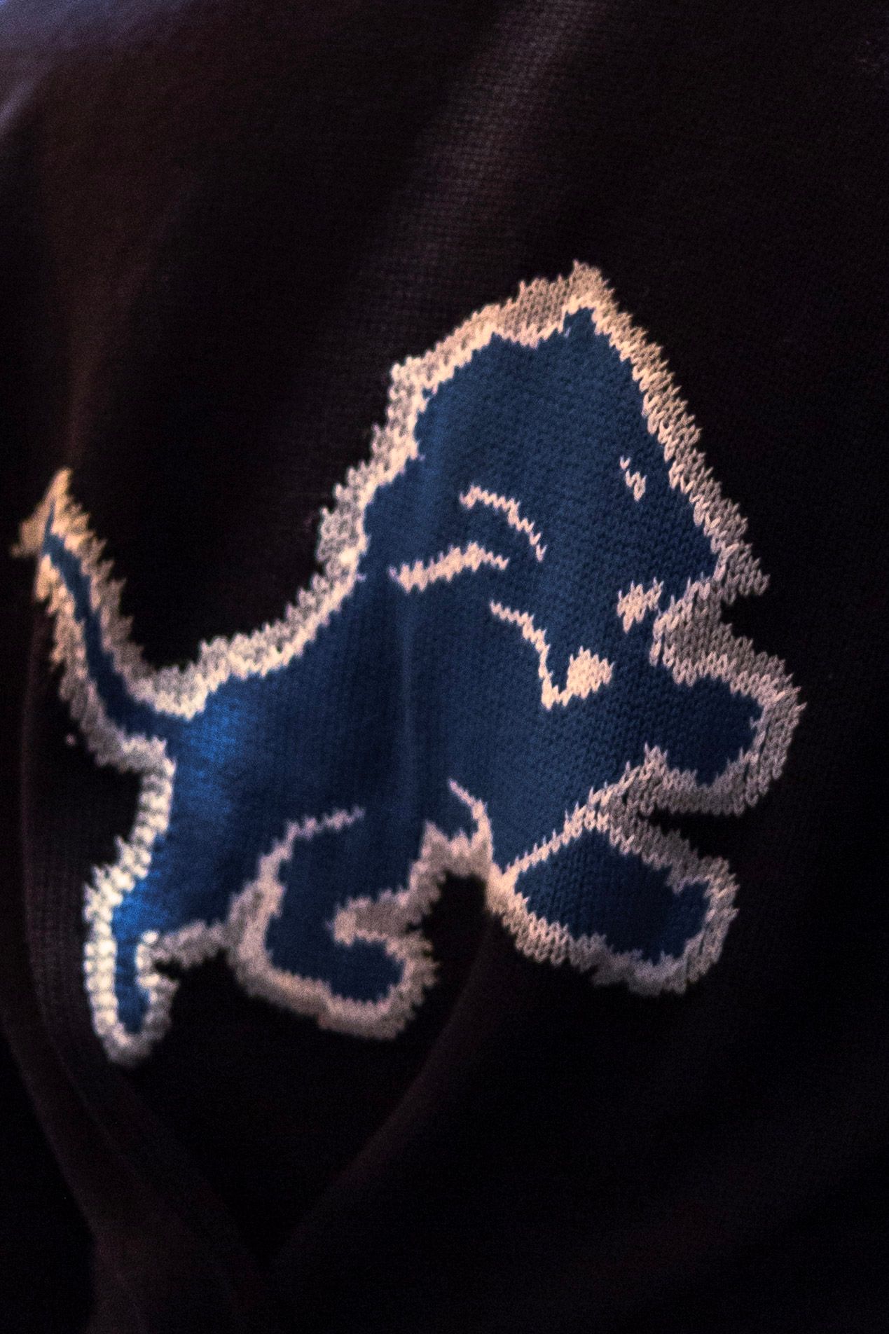 Close-up of Detroit Lions logo knitted in blue and silver on a dark navy sweater or jacket fabric.