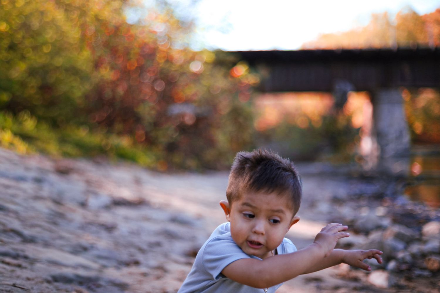 A curious toddler leans forward reaching toward the ground on a rocky riverbank in autumn.