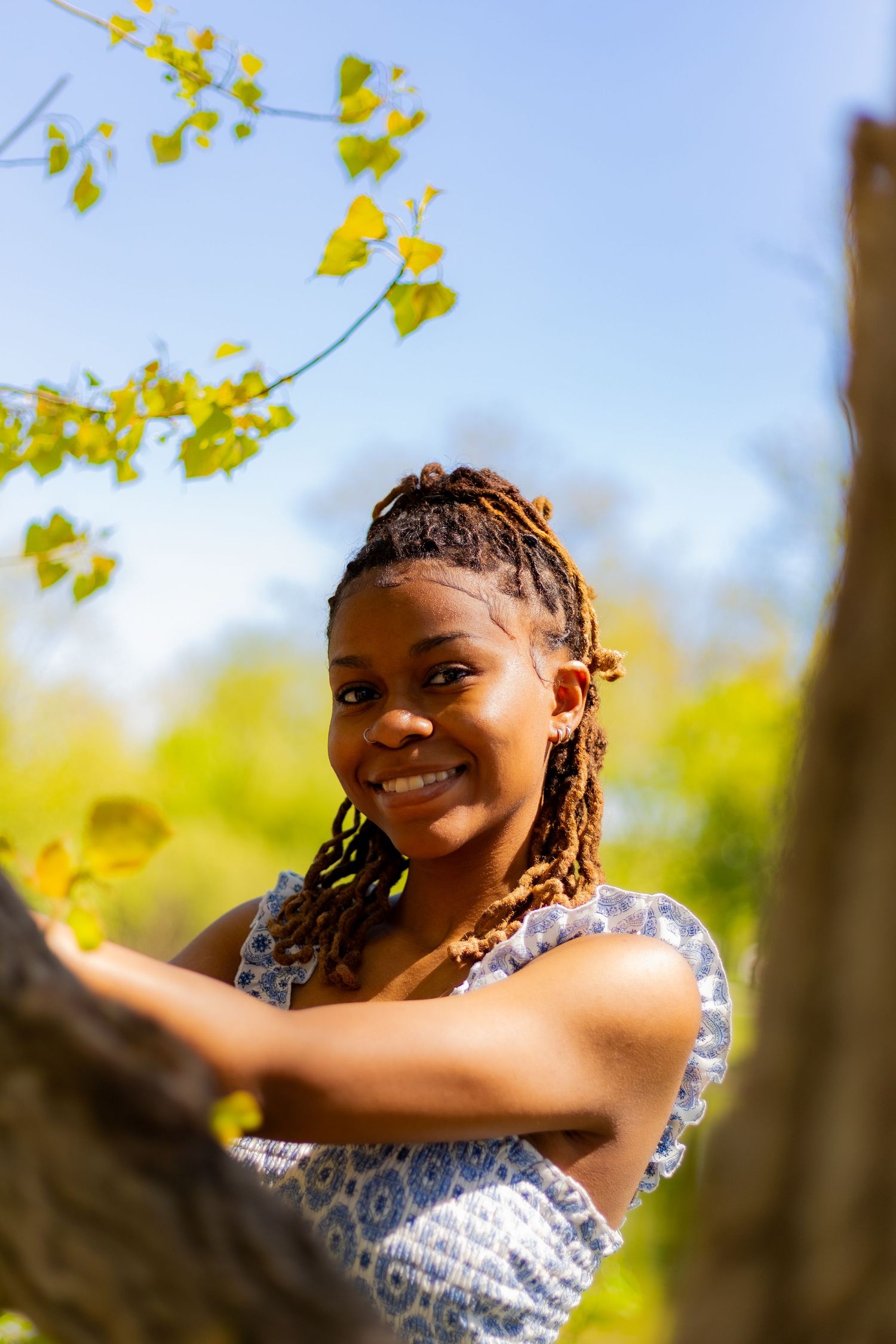 Smiling Black woman with braids leaning on tree branch surrounded by green foliage and blue sky.