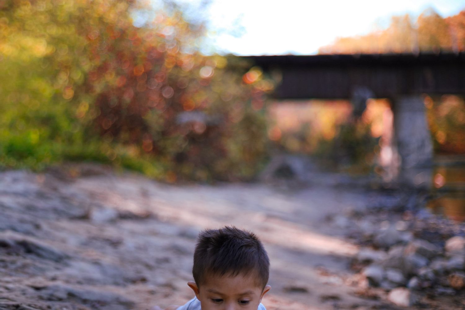 A young child bends down to explore the rocky ground near a bridge surrounded by fall foliage.