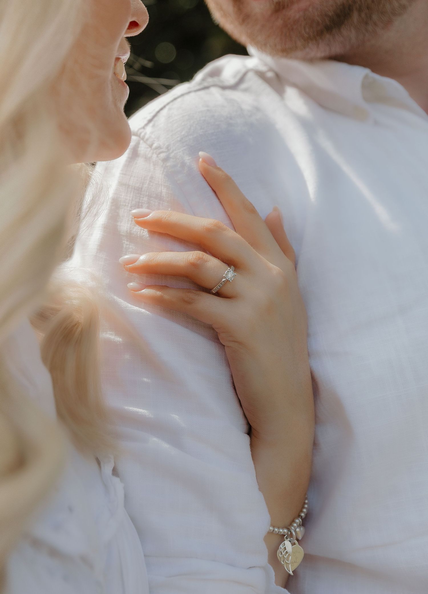 Detailed macro shot of delicate engagement ring with subtle glints of light reflecting on its surface.