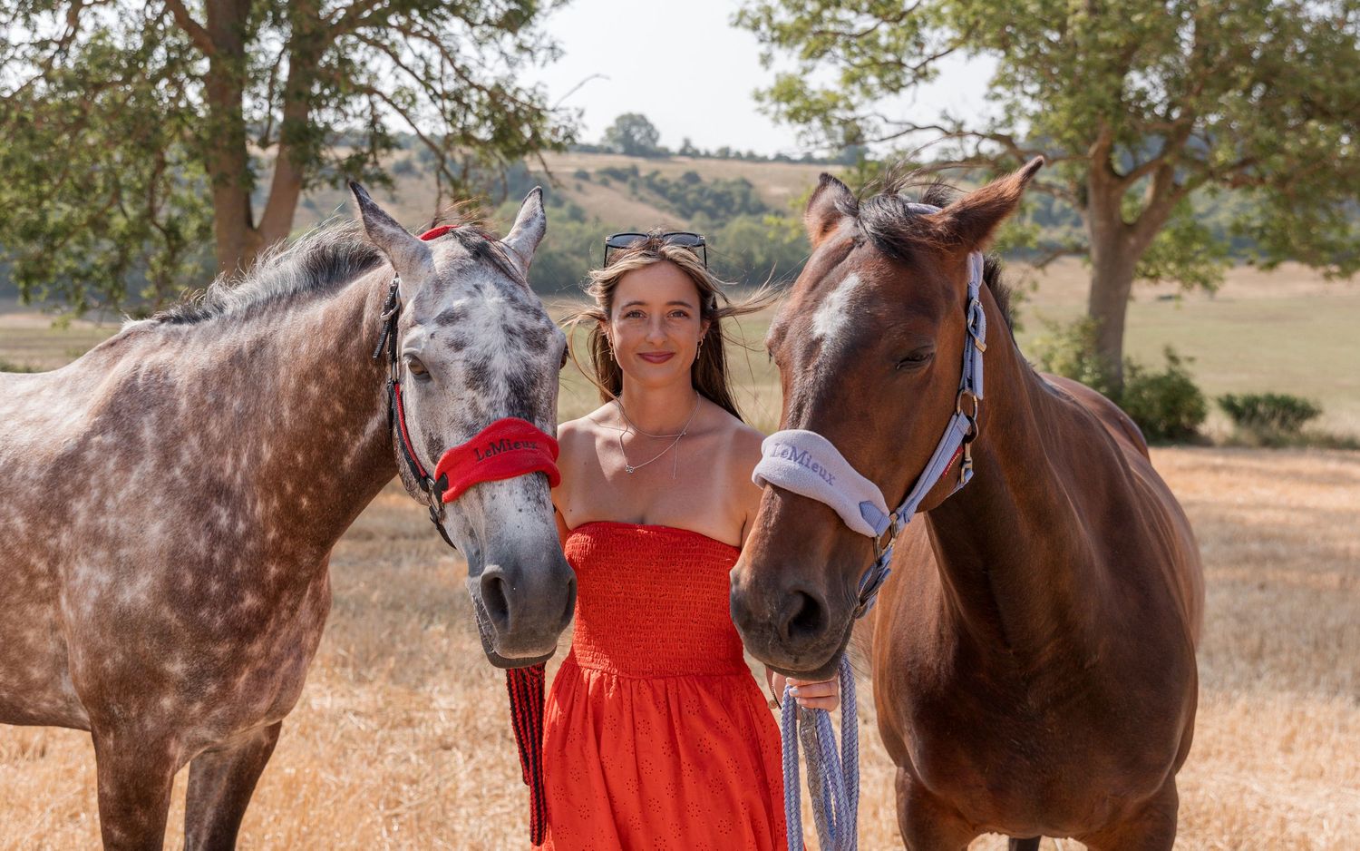 Woman in red dress standing between two horses, one grey appaloosa and one chestnut, in a sunny field.