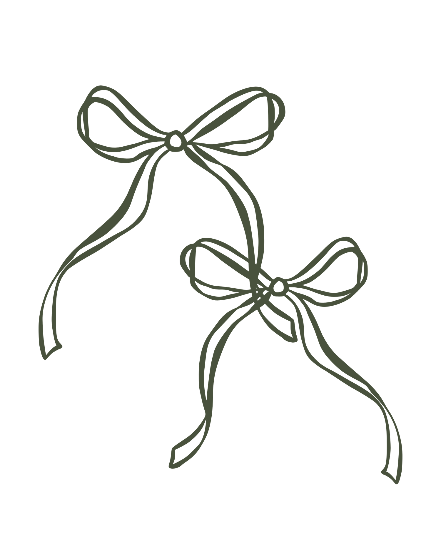 Simple line drawing of two decorative bows in dark green.