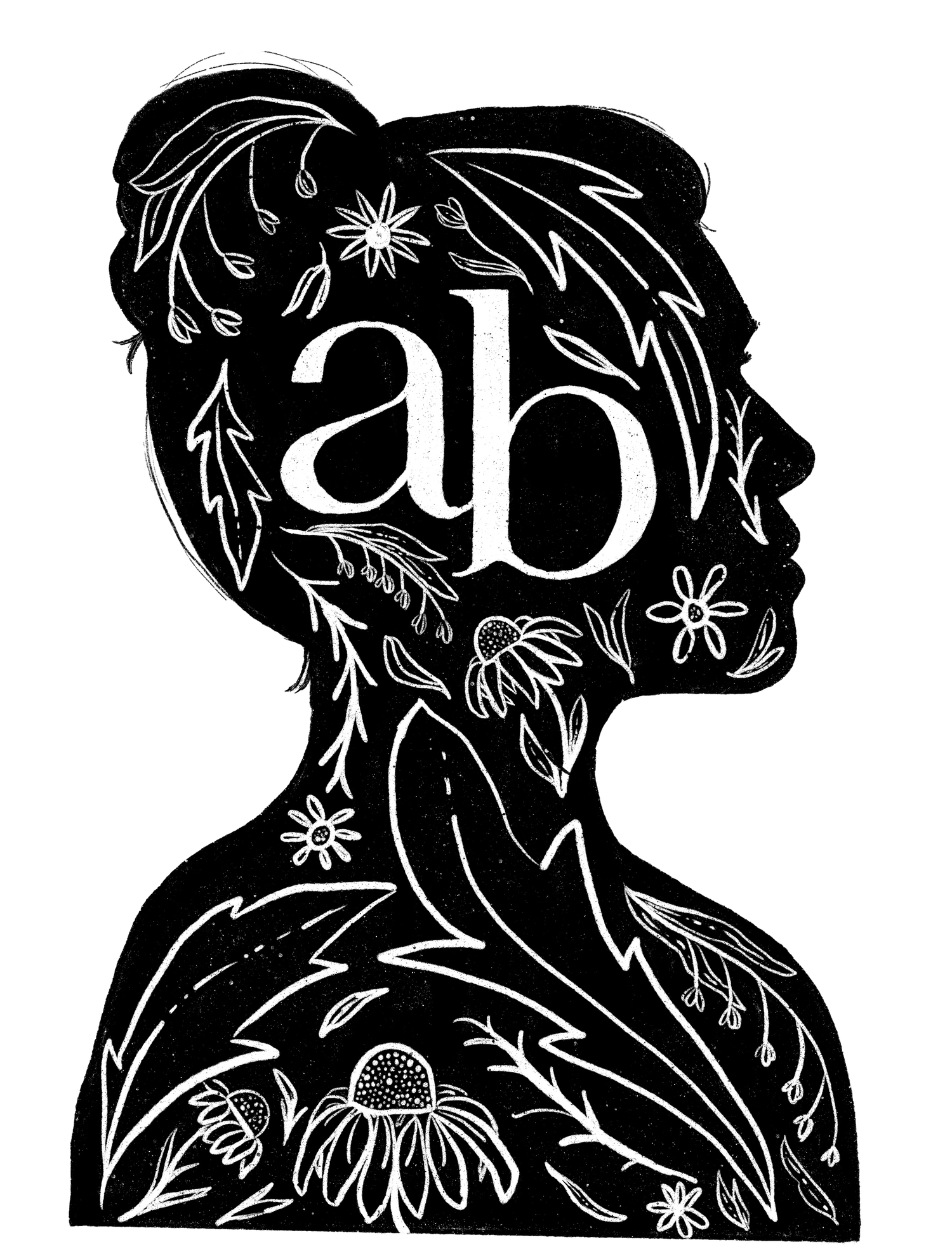 Black and white silhouette artwork with botanical elements and 'ab' lettering.