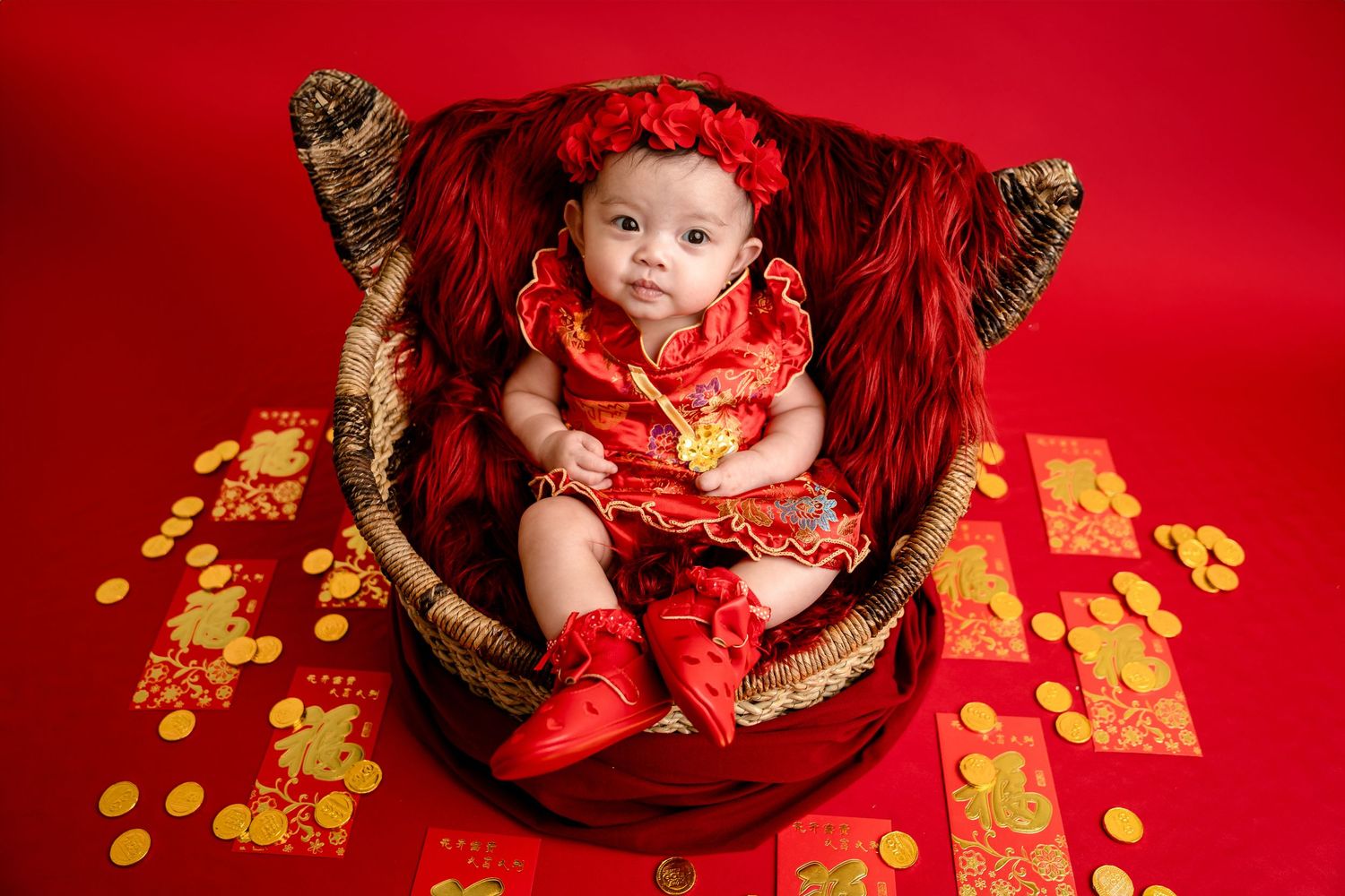 Traditional Chinese New Year themed photo with red and gold decorations.