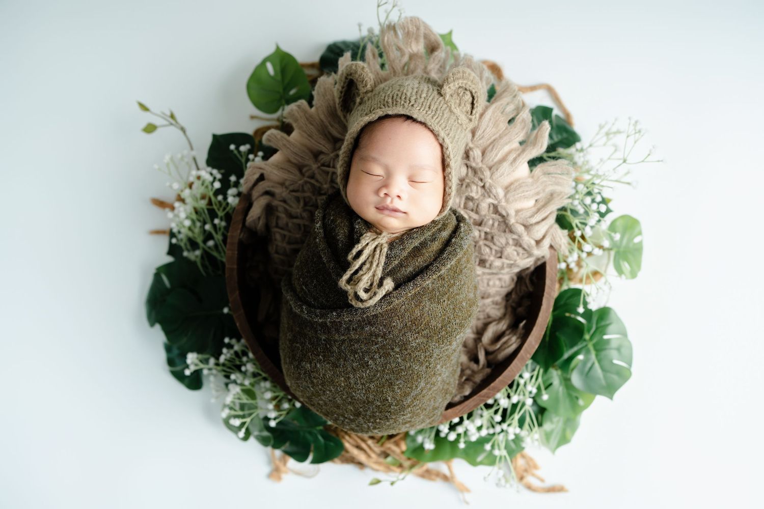 Sleeping newborn wrapped in soft brown textile surrounded by delicate green foliage in composite collage.