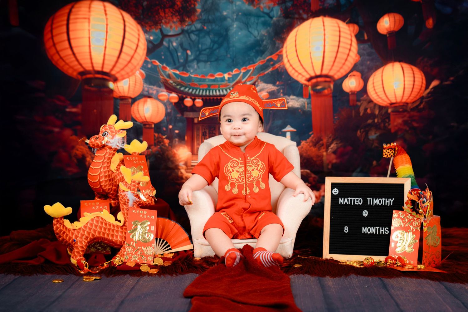 Asian themed milestone photos with red lanterns and dramatic lighting.