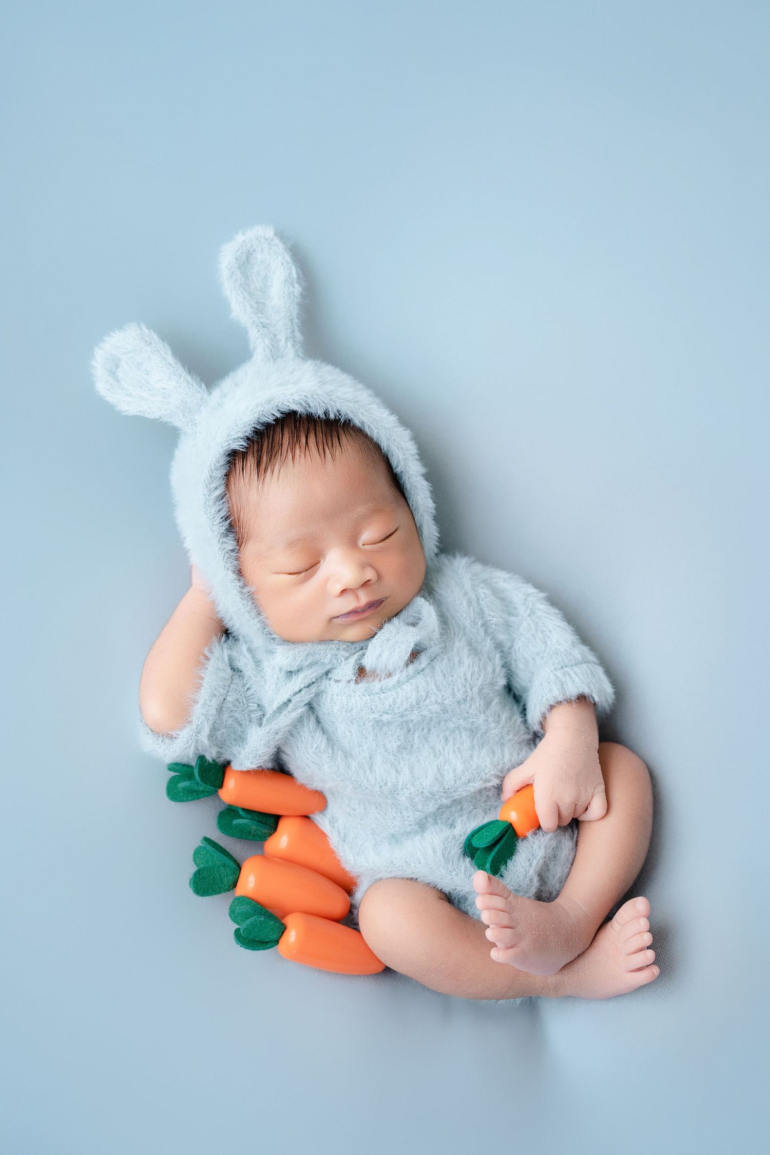 Newborn dressed in soft bunny outfit with plush carrots on light blue background.