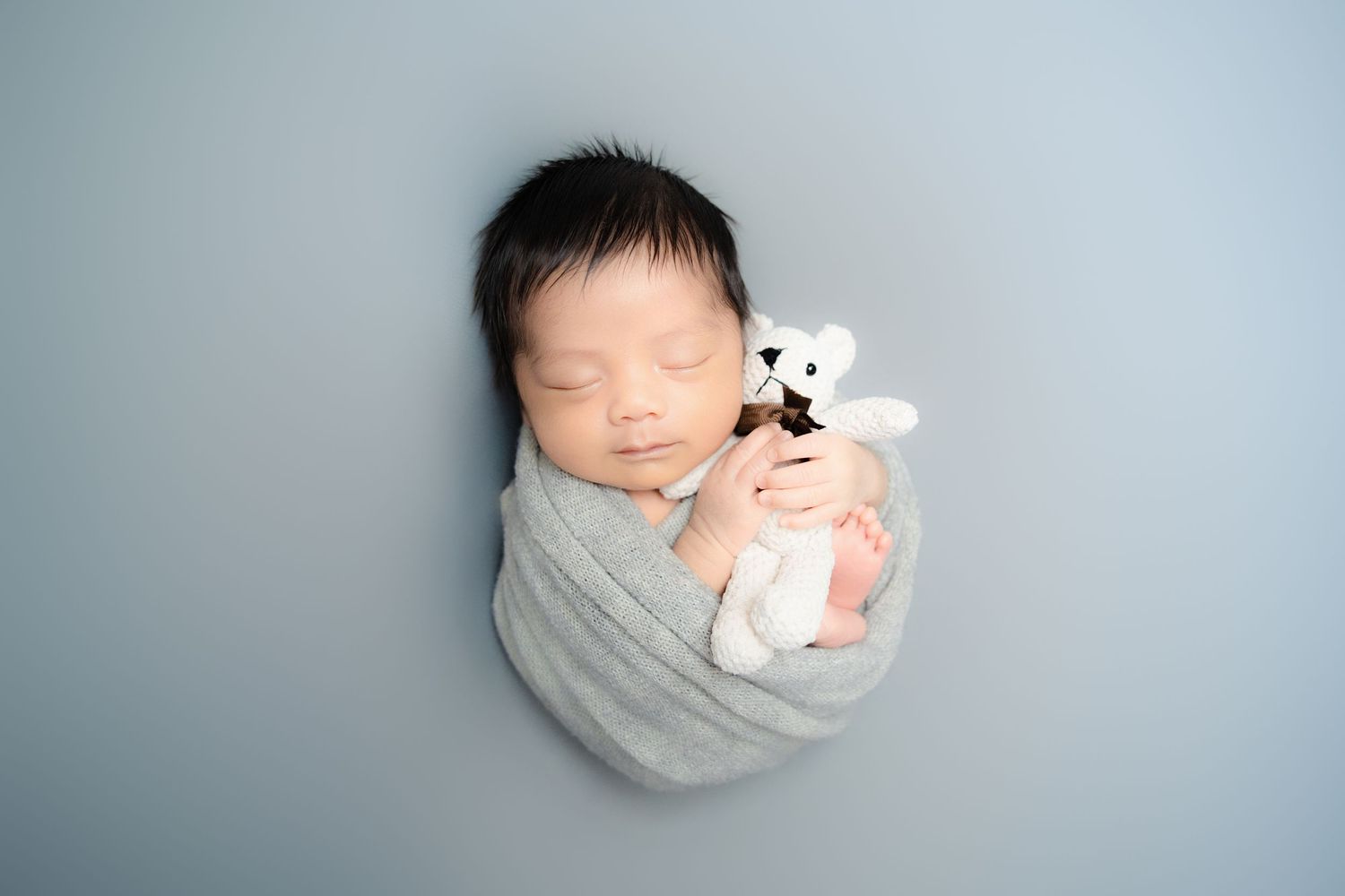 Sleeping baby swaddled in grey wrap holding small white plush toy.