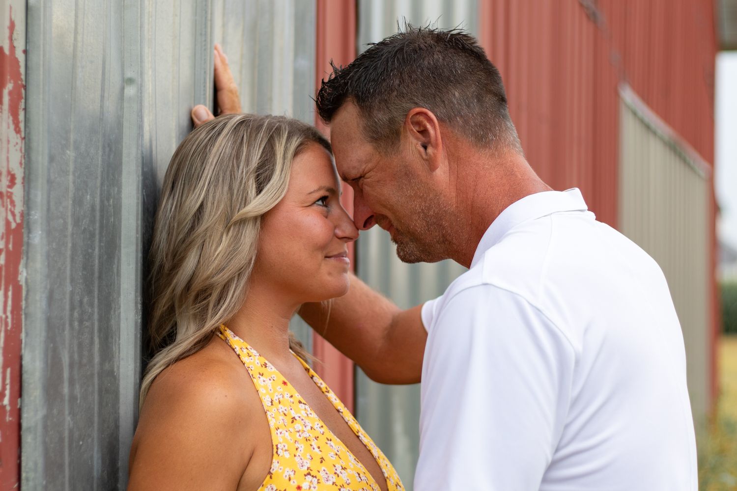 A series of candid moments between a couple in yellow dress and white shirt.