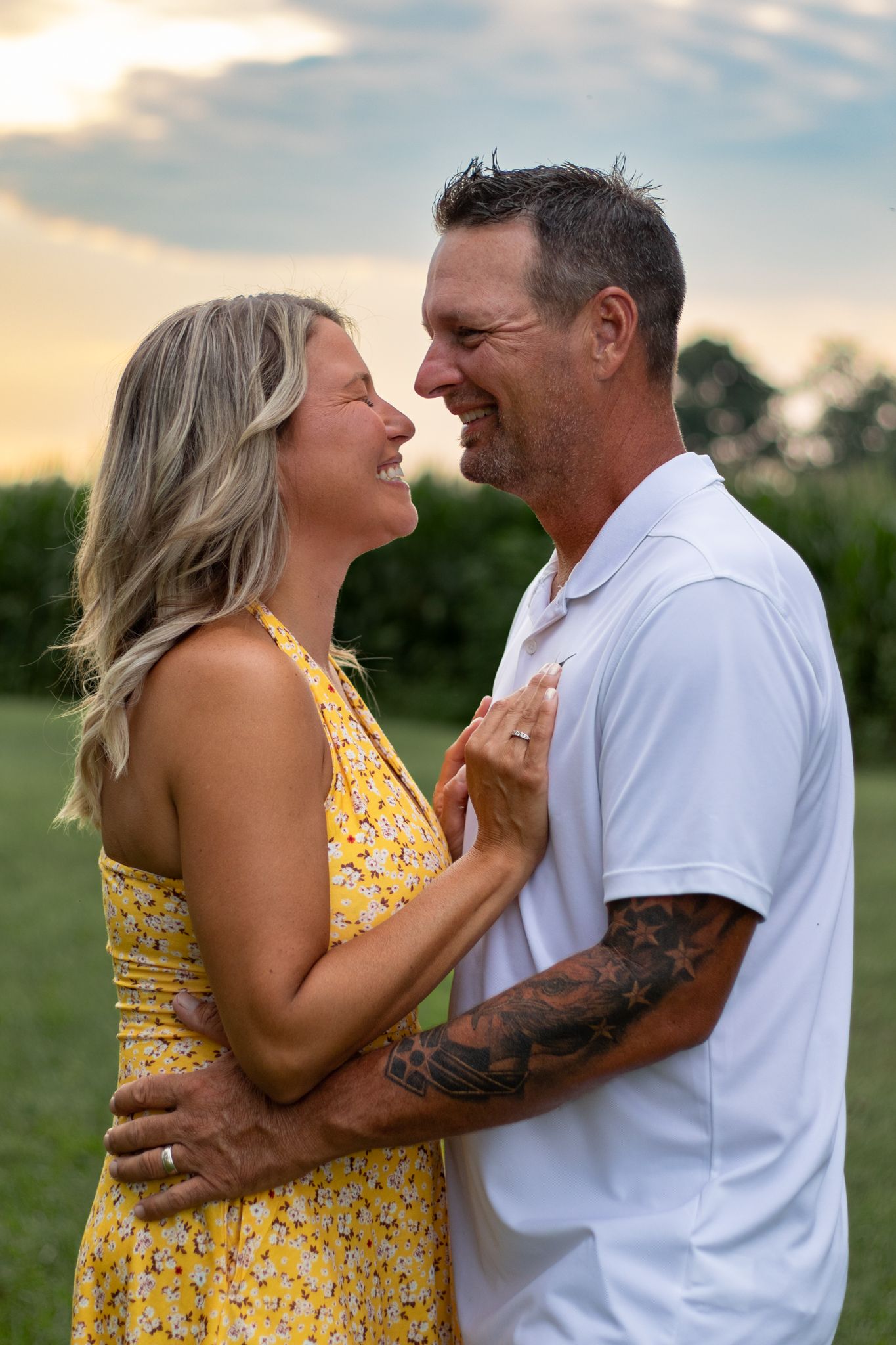Romantic outdoor photoshoot sequence showing a couple in yellow dress and white shirt at sunset.