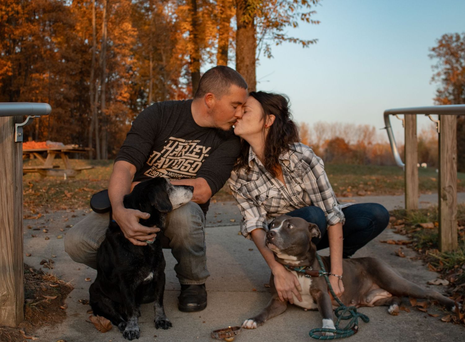 Couple sitting outdoors with their dogs during golden hour in autumn landscape.
