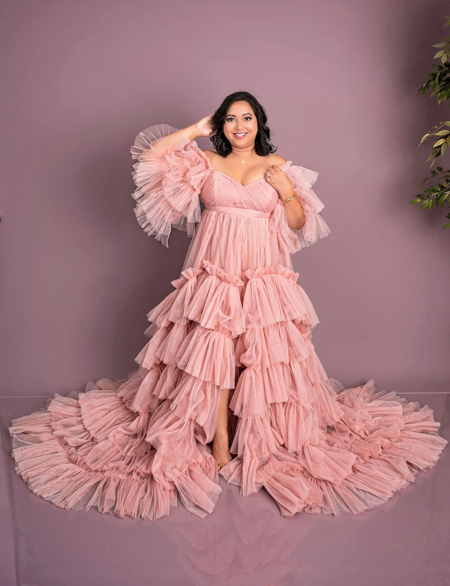 Full-body studio branding portrait of a woman in an elegant gown, photographed by ek-framedmemories in Northern Virginia