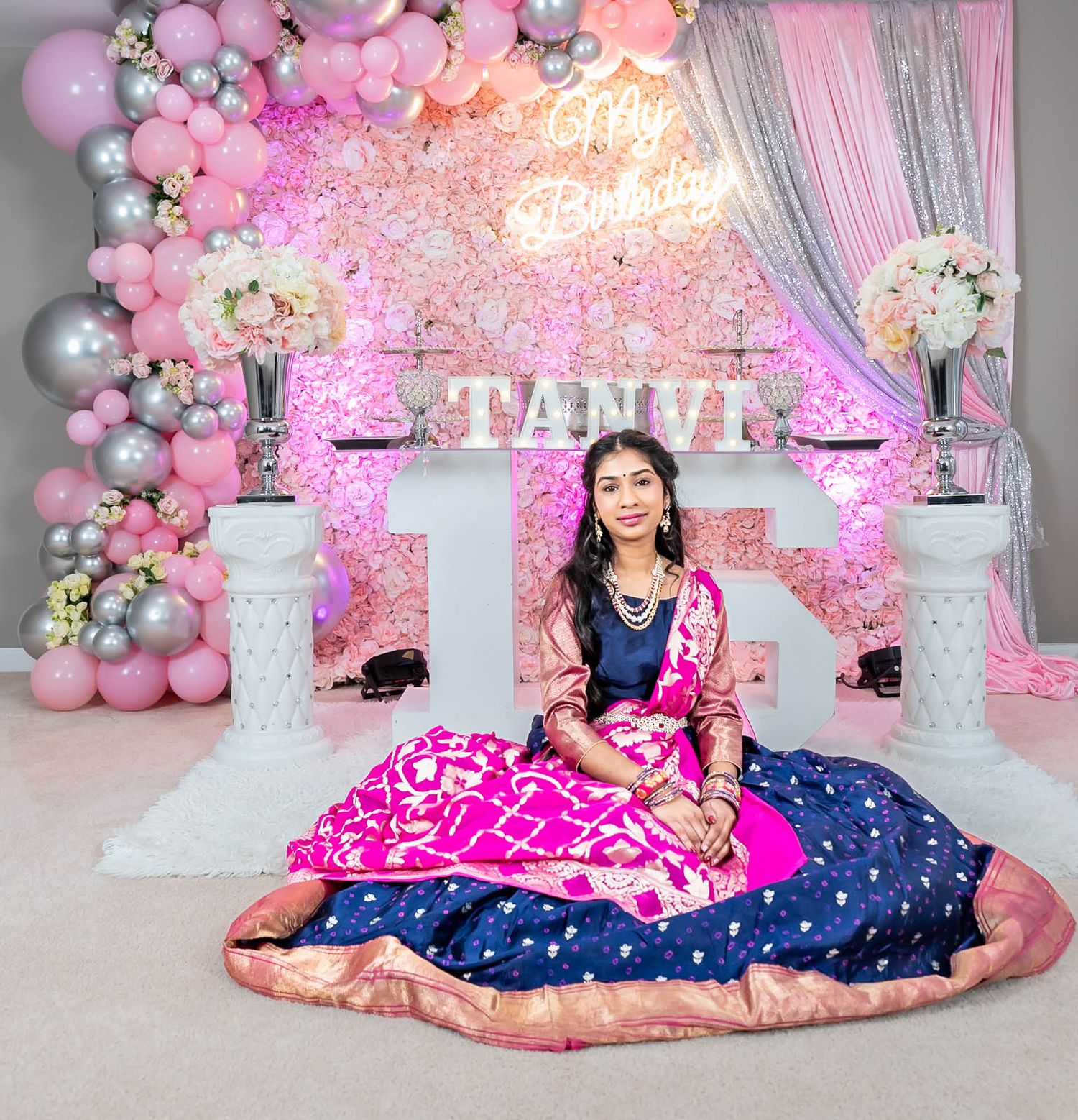 Sweet sixteen celebration with girl in Indian attire, photographed at a birthday event by ek-framedmemories