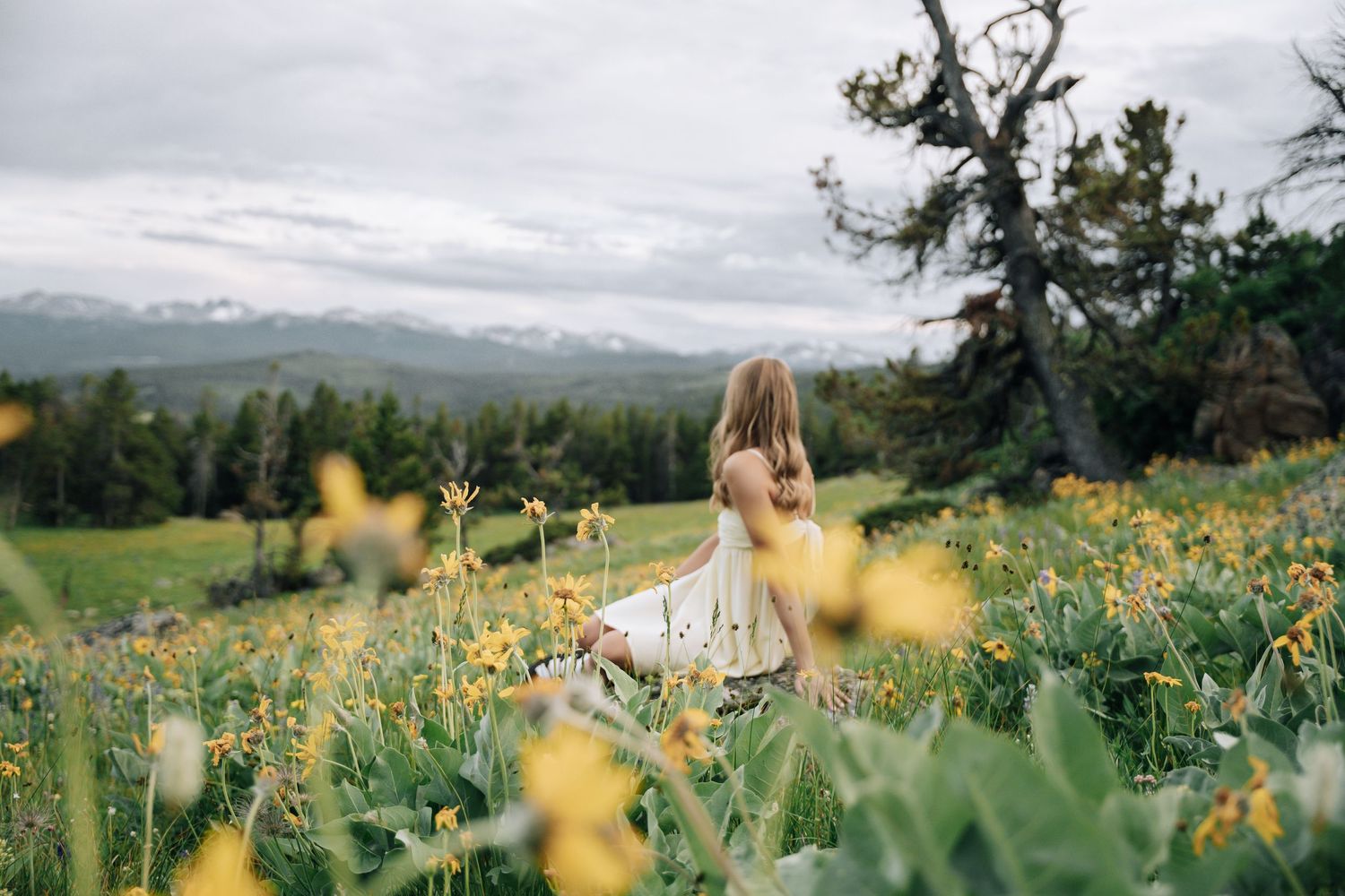 girl looking off into distance towards the mountains.