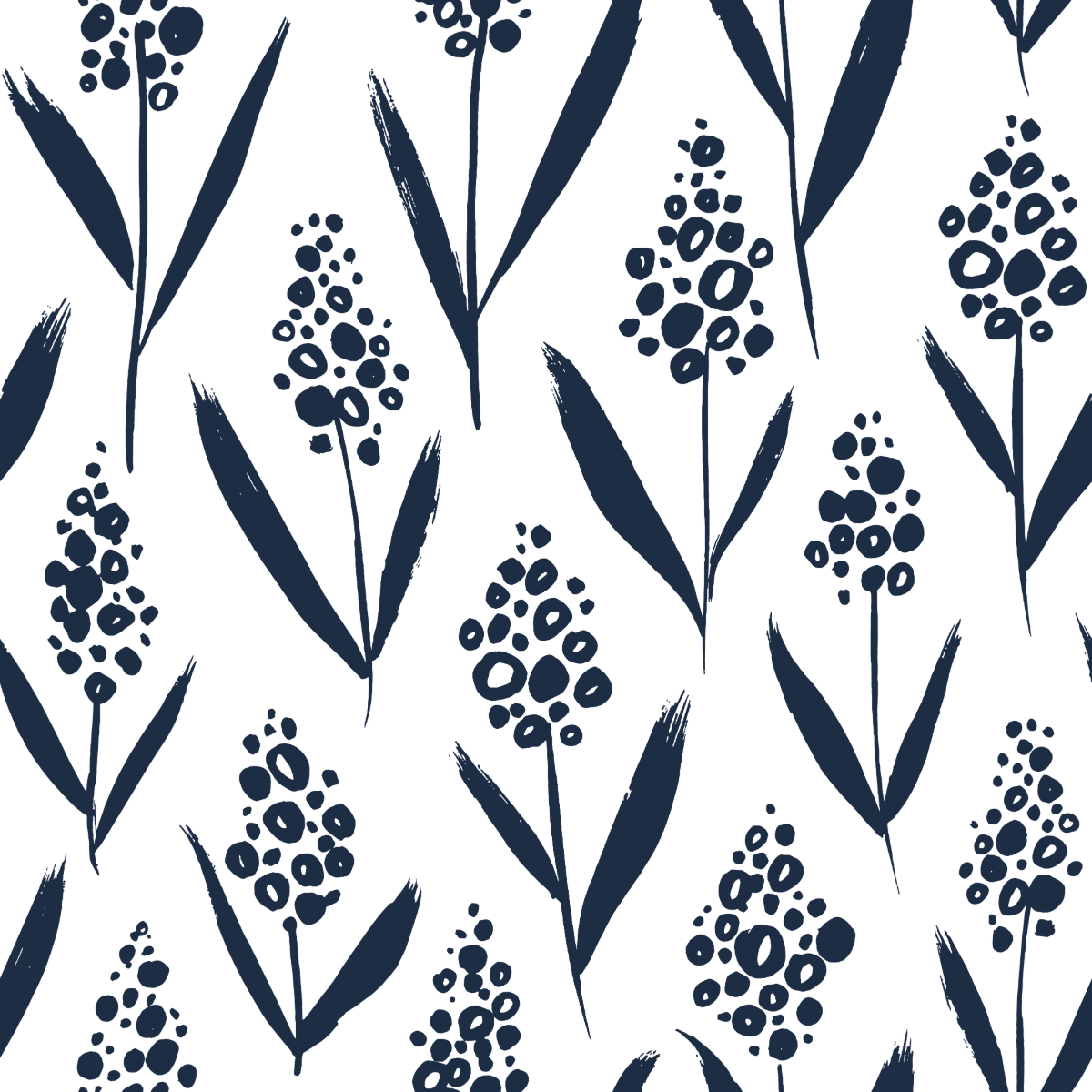 Navy blue floral pattern with repeating silhouettes of delicate flowers and leaves on white background.