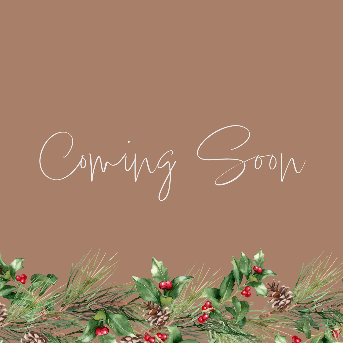 Holiday pine garland with red berries and pinecones on brown background.