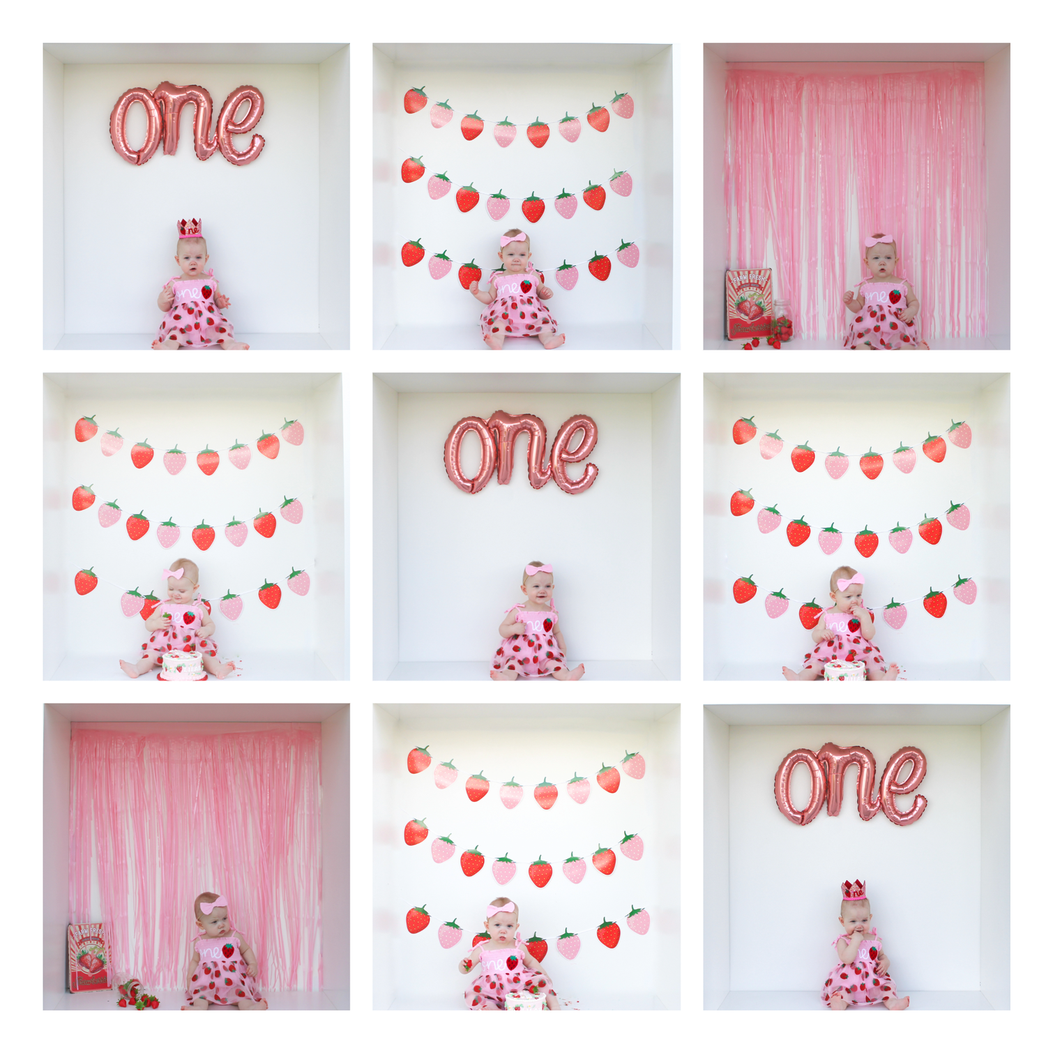 Pink and red balloon garland with 'ONE' text display for first birthday celebration.