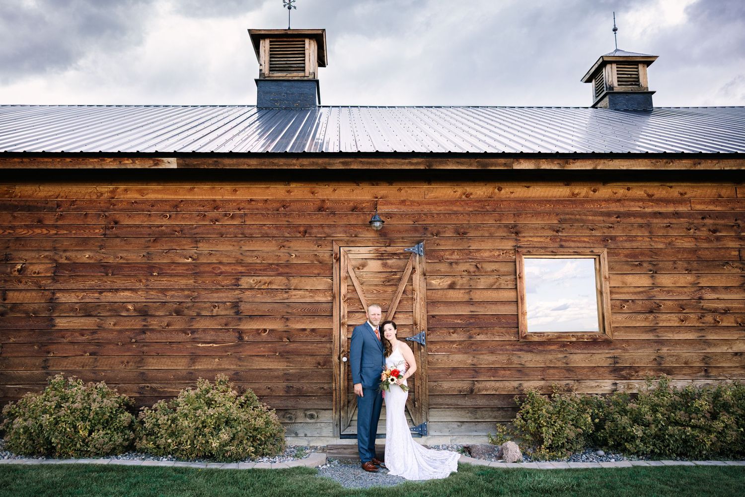 A sequence of wedding photos showing a couple posing against rustic wooden walls and natural outdoor settings.
