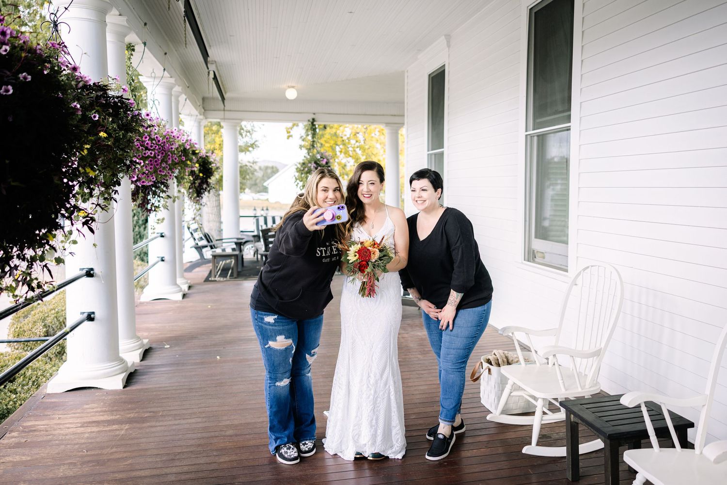 A sequence of candid moments captured on a white porch with flowering plants and rocking chairs in the background.