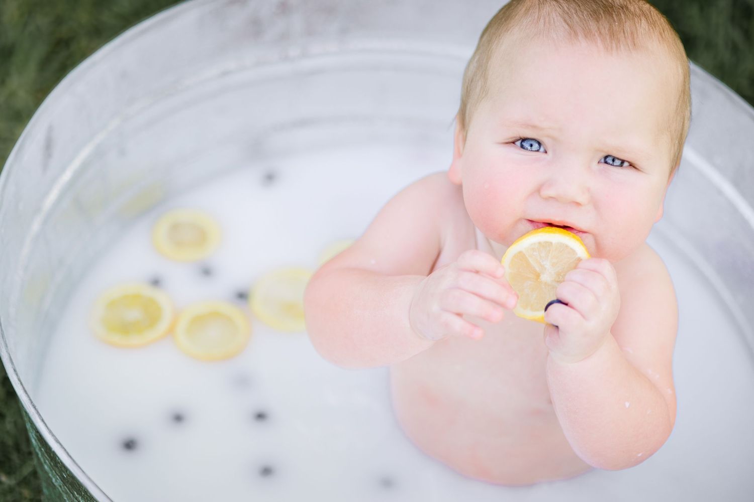 Baby enjoying milk bath time with floating lemon slices in milky water. A portrait by Montana photographer Kelsea Laine Photography.